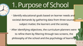 1.PurposeofSchool
- Identify educational goals based on learner needs and
societal demands by gathering data from three sources:
subject matter, the learners and the society.
- After identifying objectives, the curriculum planners were
to refine them by filtering through two screens, the
philosophy of the school and the psychology of learning.
 
