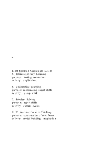 *
Eight Common Curriculum Design
5. Interdisciplinary Learning
purpose: making connection
activity: application
6. Cooperative Learning
purpose: coordinating social skills
activity: group work
7. Problem Solving
purpose: apply skills
activity: current events
8. Critical and Creative Thinking
purpose: construction of new forms
activity: model building, imagination
 