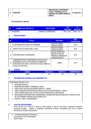 8 COAUTOR
ANÁLISIS DE LA PERTINECIA
LOCAL Y REGIONAL DE LA
CARRERA DE DISEÑO GRÁFICO
UNACH
En ejecución
4.6 Consultoría en general
N° NOMBRE DEL PROYECTO INSTITUCIÓN
DE
MES-AÑO
A
MES-AÑO
1 BRANDING CEMENTO CHIMBORAZO FEB – 2011 ABR – 2011
5. PUBLICACIONES
No. TITULO EDITORIAL
AÑO
PUBLICACIÓN
1 CONTAMINACIÓN VISUAL EN RIOBAMBA
REVISTA DISEÑO
GRÁFICO UNACH
2012
2 MARCA PAÍS ECUADOR AMA LA VIDA
REVISTA DISEÑO
GRÁFICO UNACH
2014
3 CORTOMETRAJE VAGABUNDOS
MEJOR DIRECCIÓN
MEJOR ACTOR EN
PREMIOS CINEMALENT
AWARDS ESPOCH
2014
4
COMPONENTES DEL PENSAMIENTO LÓGICO EN EL
DESARROLLO DE LA INTELIGENCIA EN NIÑOS DE
EDAD ESCOLAR CON EL USO DE MY LOGOC GAME (en
proceso de indexación)
UNEMI 2014
6. IDIOMAS
No. IDIOMA HABLADO % ESCRITO % COMPRENSIÓN %
1 Inglés 80 80 80
7. INFORMACIÓN ADICIONAL QUE CONSIDERE UTIL
POSTGRADO ONLINE FATLA
 SEGUNDO MODULO
 MAESTRÍA EN DISEÑO Y BRANDING, ESPOL
 VIDEO SPOT ESCUELA DE DISEÑO GRÁFICO – UNACH
 VIDEO JORNADAS PEDAGÓGICAS ESCUELA DE EDUCACIÓN BÁSICA – UNACH
 VIDEO PROMOCIONAL DE LA FACULTAD DE CIENCIAS DE LA EDUCACIÓN
 REALIZADOR CORTOMETRAJE VAGABUNDOS, GANADOR DE MEJOR DIRECTOR Y MEJOR ACTOR
EN LOS PREMIOS CINEMALLENT AWARDS 2014
 FESTIVAL TINKU - ORGANIZADOR
8. HOJA DE VIDA RESUMIDA
(Favor resumir en no más de 10 líneas y a texto seguido su hoja de vida (títulos, capacitación relevante,
posiciones privadas, públicas y académicas importantes, docencia universitaria) para uso en material
promocional y entrega de propuestas.
 Universidad Nacional de Chimborazo
Licenciado en CC.EE. Especialidad
Diseño Gráfico
 