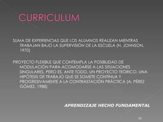 SUMA DE EXPERIENCIAS QUE LOS ALUMNOS REALIZAN MIENTRAS TRABAJAN BAJO LA SUPERVISIÓN DE LA ESCUELA (H. JOHNSON, 1970) PROYECTO FLEXIBLE QUE CONTEMPLA LA POSIBLIDAD DE MODULACIÓN PARA ACOMODARSE A LAS SITUACIONES SINGULARES, PERO ES, ANTE TODO, UN PROYECTO TEÓRICO, UNA HIPÓTESIS DE TRABAJO QUE SE SOMETE CONTINUA Y PROGRESIVAMENTE A LA CONTRASTACIÓN PRÁCTICA (A. PÉREZ GÓMEZ, 1988) APRENDIZAJE HECHO FUNDAMENTAL 
