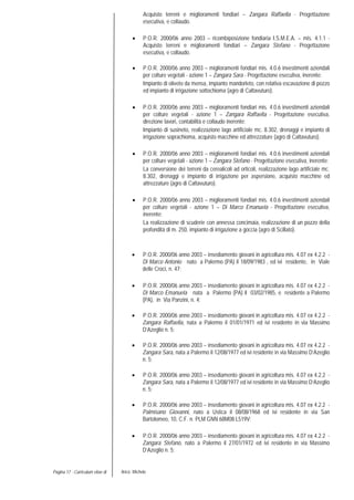 Pagina 17 - Curriculum vitae di Aricò Michele
Acquisto terreni e miglioramenti fondiari – Zangara Raffaella - Progettazione
esecutiva, e collaudo.
• P.O.R. 2000/06 anno 2003 – ricombìposizione fondiaria I.S.M.E.A. – mis. 4.1.1 -
Acquisto terreni e miglioramenti fondiari – Zangara Stefano - Progettazione
esecutiva, e collaudo.
• P.O.R. 2000/06 anno 2003 – miglioramenti fondiari mis. 4.0.6 investimenti aziendali
per colture vegetali - azione 1 – Zangara Sara - Progettazione esecutiva, inerente:
Impianto di oliveto da mensa, impianto mandorleto, con relativa escavazione di pozzo
ed impianto di irrigazione sottochioma (agro di Caltavuturo).
• P.O.R. 2000/06 anno 2003 – miglioramenti fondiari mis. 4.0.6 investimenti aziendali
per colture vegetali - azione 1 – Zangara Raffaella - Progettazione esecutiva,
direzione lavori, contabilità e collaudo inerente:
Impianto di susineto, realizzazione lago artificiale mc. 8.302, drenaggi e impianto di
irrigazione soprachioma, acquisto macchine ed attrezzature (agro di Caltavuturo).
• P.O.R. 2000/06 anno 2003 – miglioramenti fondiari mis. 4.0.6 investimenti aziendali
per colture vegetali - azione 1 – Zangara Stefano - Progettazione esecutiva, inerente:
La conversione dei terreni da cerealicoli ad orticoli, realizzazione lago artificiale mc.
8.302, drenaggi e impianto di irrigazione per aspersione, acquisto macchine ed
attrezzature (agro di Caltavuturo).
• P.O.R. 2000/06 anno 2003 – miglioramenti fondiari mis. 4.0.6 investimenti aziendali
per colture vegetali - azione 1 – Di Marco Emanuela - Progettazione esecutiva,
inerente:
La realizzazione di scuderie con annessa concimaia, realizzazione di un pozzo della
profondità di m. 250, impianto di irrigazione a goccia (agro di Scillato).
• P.O.R. 2000/06 anno 2003 – insediamento giovani in agricoltura mis. 4.07 ex 4.2.2 -
Di Marco Antonio nato a Palermo (PA) il 18/09/1983 , ed ivi residente, in Viale
delle Croci, n. 47;
• P.O.R. 2000/06 anno 2003 – insediamento giovani in agricoltura mis. 4.07 ex 4.2.2 -
Di Marco Emanuela nata a Palermo (PA) il 03/02/1985, e residente a Palermo
(PA), in Via Panzini, n. 4;
• P.O.R. 2000/06 anno 2003 – insediamento giovani in agricoltura mis. 4.07 ex 4.2.2 -
Zangara Raffaella, nata a Palermo il 01/01/1971 ed ivi residente in via Massimo
D’Azeglio n. 5;
• P.O.R. 2000/06 anno 2003 – insediamento giovani in agricoltura mis. 4.07 ex 4.2.2 -
Zangara Sara, nata a Palermo il 12/08/1977 ed ivi residente in via Massimo D’Azeglio
n. 5;
• P.O.R. 2000/06 anno 2003 – insediamento giovani in agricoltura mis. 4.07 ex 4.2.2 -
Zangara Sara, nata a Palermo il 12/08/1977 ed ivi residente in via Massimo D’Azeglio
n. 5;
• P.O.R. 2000/06 anno 2003 – insediamento giovani in agricoltura mis. 4.07 ex 4.2.2 -
Palmisano Giovanni, nato a Ustica il 08/08/1968 ed ivi residente in via San
Bartolomeo, 10, C.F. n. PLM GNN 68M08 L519V;
• P.O.R. 2000/06 anno 2003 – insediamento giovani in agricoltura mis. 4.07 ex 4.2.2 -
Zangara Stefano, nato a Palermo il 27/01/1972 ed ivi residente in via Massimo
D’Azeglio n. 5;
 