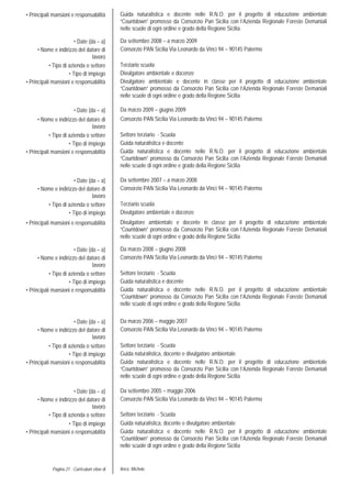 Pagina 21 - Curriculum vitae di Aricò Michele
• Principali mansioni e responsabilità Guida naturalistica e docente nelle R.N.O. per il progetto di educazione ambientale
“Countdown” promosso da Consorzio Pan Sicilia con l’Azienda Regionale Foreste Demaniali
nelle scuole di ogni ordine e grado della Regione Sicilia
• Date (da – a) Da settembre 2008 – a marzo 2009
• Nome e indirizzo del datore di
lavoro
Consorzio PAN Sicilia Via Leonardo da Vinci 94 – 90145 Palermo
• Tipo di azienda o settore Terziario scuola
• Tipo di impiego Divulgatore ambientale e docenze
• Principali mansioni e responsabilità Divulgatore ambientale e docente in classe per il progetto di educazione ambientale
“Countdown” promosso da Consorzio Pan Sicilia con l’Azienda Regionale Foreste Demaniali
nelle scuole di ogni ordine e grado della Regione Sicilia
• Date (da – a) Da marzo 2009 – giugno 2009
• Nome e indirizzo del datore di
lavoro
Consorzio PAN Sicilia Via Leonardo da Vinci 94 – 90145 Palermo
• Tipo di azienda o settore Settore terziario - Scuola
• Tipo di impiego Guida naturalistica e docente
• Principali mansioni e responsabilità Guida naturalistica e docente nelle R.N.O. per il progetto di educazione ambientale
“Countdown” promosso da Consorzio Pan Sicilia con l’Azienda Regionale Foreste Demaniali
nelle scuole di ogni ordine e grado della Regione Sicilia
• Date (da – a) Da settembre 2007 – a marzo 2008
• Nome e indirizzo del datore di
lavoro
Consorzio PAN Sicilia Via Leonardo da Vinci 94 – 90145 Palermo
• Tipo di azienda o settore Terziario scuola
• Tipo di impiego Divulgatore ambientale e docenze
• Principali mansioni e responsabilità Divulgatore ambientale e docente in classe per il progetto di educazione ambientale
“Countdown” promosso da Consorzio Pan Sicilia con l’Azienda Regionale Foreste Demaniali
nelle scuole di ogni ordine e grado della Regione Sicilia
• Date (da – a) Da marzo 2008 – giugno 2008
• Nome e indirizzo del datore di
lavoro
Consorzio PAN Sicilia Via Leonardo da Vinci 94 – 90145 Palermo
• Tipo di azienda o settore Settore terziario - Scuola
• Tipo di impiego Guida naturalistica e docente
• Principali mansioni e responsabilità Guida naturalistica e docente nelle R.N.O. per il progetto di educazione ambientale
“Countdown” promosso da Consorzio Pan Sicilia con l’Azienda Regionale Foreste Demaniali
nelle scuole di ogni ordine e grado della Regione Sicilia
• Date (da – a) Da marzo 2006 – maggio 2007
• Nome e indirizzo del datore di
lavoro
Consorzio PAN Sicilia Via Leonardo da Vinci 94 – 90145 Palermo
• Tipo di azienda o settore Settore terziario - Scuola
• Tipo di impiego Guida naturalistica, docente e divulgatore ambientale
• Principali mansioni e responsabilità Guida naturalistica e docente nelle R.N.O. per il progetto di educazione ambientale
“Countdown” promosso da Consorzio Pan Sicilia con l’Azienda Regionale Foreste Demaniali
nelle scuole di ogni ordine e grado della Regione Sicilia
• Date (da – a) Da settembre 2005 – maggio 2006
• Nome e indirizzo del datore di
lavoro
Consorzio PAN Sicilia Via Leonardo da Vinci 94 – 90145 Palermo
• Tipo di azienda o settore Settore terziario - Scuola
• Tipo di impiego Guida naturalistica, docente e divulgatore ambientale
• Principali mansioni e responsabilità Guida naturalistica e docente nelle R.N.O. per il progetto di educazione ambientale
“Countdown” promosso da Consorzio Pan Sicilia con l’Azienda Regionale Foreste Demaniali
nelle scuole di ogni ordine e grado della Regione Sicilia
 