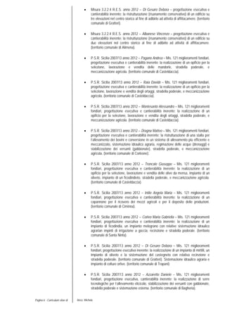 Pagina 6 - Curriculum vitae di Aricò Michele
• Misura 3.2.2.4 R.E.S. anno 2012 – Di Gesaro Debora – progettazione esecutiva e
cantierabilità inerente: la ristrutturazione (risanamento conservativo) di un edificio su
tre elevazioni nel centro storico al fine di adibirlo ad attività di affittacamere. (territorio
comunale di Gratteri).
• Misura 3.2.2.4 R.E.S. anno 2012 – Albanese Vincenzo – progettazione esecutiva e
cantierabilità inerente: la ristrutturazione (risanamento conservativo) di un edificio su
due elevazioni nel centro storico al fine di adibirlo ad attività di affittacamere.
(territorio comunale di Alimena).
• P.S.R. Sicilia 2007/13 anno 2012 – Pagano Andrea – Mis. 121 miglioramenti fondiari,
progettazione esecutiva e cantierabilità inerente: la realizzazione di un opificio per la
selezione, lavorazione e vendita delle mandorle, stradella poderale, e
meccanizzazione agricola. (territorio comunale di Casteldaccia).
• P.S.R. Sicilia 2007/13 anno 2012 – Raia Davide – Mis. 121 miglioramenti fondiari,
progettazione esecutiva e cantierabilità inerente: la realizzazione di un opificio per la
selezione, lavorazione e vendita degli ortaggi, stradella poderale, e meccanizzazione
agricola. (territorio comunale di Casteldaccia).
• P.S.R. Sicilia 2007/13 anno 2012 – Montesanto Alessandro – Mis. 121 miglioramenti
fondiari, progettazione esecutiva e cantierabilità inerente: la realizzazione di un
opificio per la selezione, lavorazione e vendita degli ortaggi, stradella poderale, e
meccanizzazione agricola. (territorio comunale di Casteldaccia).
• P.S.R. Sicilia 2007/13 anno 2012 – Dragna Matteo – Mis. 121 miglioramenti fondiari,
progettazione esecutiva e cantierabilità inerente: la ristrutturazione di una stalla per
l’allevamento dei bovini e conversione in un sistema di allevamento più efficiente e
meccanizzato, sistemazione idraulico agraria, regimazione delle acque (drenaggi) e
stabilizzazione dei versanti (gabbionate), stradella poderale, e meccanizzazione
agricola. (territorio comunale di Corleone).
• P.S.R. Sicilia 2007/13 anno 2012 – Troncale Giuseppe – Mis. 121 miglioramenti
fondiari, progettazione esecutiva e cantierabilità inerente: la realizzazione di un
opificio per la selezione, lavorazione e vendita delle olive da mensa, impianto di un
oliveto, impianto di un ficodindieto, stradella poderale, e meccanizzazione agricola.
(territorio comunale di Casteldaccia).
• P.S.R. Sicilia 2007/13 anno 2012 – Intile Angela Maria – Mis. 121 miglioramenti
fondiari, progettazione esecutiva e cantierabilità inerente: la realizzazione di un
capannone per il ricovero dei mezzi agricoli e per il deposito delle produzioni.
(territorio comunale di Ciminna).
• P.S.R. Sicilia 2007/13 anno 2012 – Corleo Maria Gabriella – Mis. 121 miglioramenti
fondiari, progettazione esecutiva e cantierabilità inerente: la realizzazione di un
impianto di ficodindia, un impianto melograno con relative sistemazione idraulico
agrarian impinti di irrigazione a goccia, recinzione e stradella poderale. (territorio
comunale di Santa Ninfa).
• P.S.R. Sicilia 2007/13 anno 2012 – Di Gesaro Debora – Mis. 121 miglioramenti
fondiari, progettazione esecutiva inerente: la realizzazione di un impianto di mirtilli, un
impianto di oliveto e la sistemazione del castegneto con relativa recinzione e
stradella poderale. (territorio comunale di Gratteri). Sistemazione idraulico agraria e
impianto di colture ortive. (territorio comunale di Trapani)
• P.S.R. Sicilia 2007/13 anno 2012 – Azzaretto Daniele – Mis. 121 miglioramenti
fondiari, progettazione esecutiva, cantierabilità inerente: la realizzazione di serre
tecnologiche per l’allevamento elicicolo, stabilizzazione dei versanti con gabbionate,
stradella poderale e sistemazione esterna. (territorio comunale di Bagheria).
 