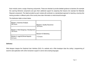 Page | 9
Each module covers a range of learning components. These are intended to provide detailed guidance to teachers (for example
the Learning Elements component) and give them additional support for preparing their lessons (for example the Materials
Required component). The detail provided by each module will contribute to a standardised approach to teaching, ensuring that
training providers in different parts of the country have clear information on what should be taught.
The distribution table is shown below:
Module 1: Business Analysis
340 hours Module 3: Quality Assurance
145 hours
Module 2: Web Designing / Development
152 hours
Module 4 E-Marketing
112 hoursModule 5: Legal & Ethical Aspects
54 hours
Definition
Web designer designs the Graphical User Interface (GUI) of a website and a Web developer does the coding / programming of
dynamic web application with online transaction support in server side scripting languages
 