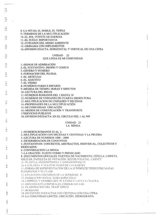 S.-LA MTTAD, EL DOBLE, EL TRIPLE
     9.-TERMlNOS DE LA MULTIPLICACIÓN
     1O:-EL SOL: FUENTE DE ENERGIA
     1l.-EL SUELO: IMPORT ANClA
     12.-CUIDADOS DEL MEDIO AMBIENTE
     13.-GIMNASIA CON 111PLEMENTOS
     14.-DlVISION EXACTA: HORIZONTAL Y VERTICAL DE UNA CIFRA

                                   UNIDAD    22
                             QUE LINDA ES MI COMUNIDAD

     l.-SIGNOS DE ADMIRACIÓN
     2.-EL SUSTANTIVO. PROPIO Y COMUN
     3.-GENERO y ~'UMERO
     4>FORMACION DEL PLURAL
     S.-EL ARTICULO
     6.-EL ADJETIVO
¡j   7.-EL VERBO
-'   8.-NUMEROS PARES E IMPARES
     9.-MEDIDA DE TIEMPO: HORAS Y MINUTOS
     IO.-LECTURA DEL RELOJ
     ll.-NUMEROS ROMANOS DEL 1 HASTA 10
     12.-NUMEROS DE UNIDADES DE CUARTA ORDEN PURA
      13.-MULTIPLlCACI0N DE UNIDADES Y DECENAS
      14.-PROPlEDADES DE LA MULTIPLICACIÓN
      I5.-MI COMUNIDAD: UBICACIÓN
      16.-MEDlOS DE COMUNICACIÓN Y TRANSPORTE
     17SERVICIOS PUBLICO S
      18.-DIVISION INEXACTA: EN EL CIRCULO DEL 1 AL 999

                                                      UNIDAD 23
                                                      LA MINGA

     l.-NUMERaS ROMANOS Xl AL L
     2.-MULTIPLJCACION CON DECENAS Y CENTENAS Y LA PRUEBA
     3.-LECTURA DE NUMEROS 1000 - 2000
     4.-DETERMlNACION DE CONJUNTOS
     5.-SUSTANTIVOS: CONCRETOS, ABSTRACTOS, INDNIDUAL, COLECTIVOS y
     DERIVADOS.
     6.-CONVERSACION LA MINGA
     7.-LA ORACIÓN: SUJETO VERBO Y PREDICADO
     8.-DOCUMENTOS OFICIALES: PARTfDA DE NACIMIENTO, CÉDULA. LIBRETA
     i:llLIT.~~ r.A.rELLT~A. E·~lC;TACIÓl'~~
                            D               :n.ECOR
                                                  ..P{)L1C:l.Al., C:;1iIri~·JL·r

     JrJ,-l.., PLf/;'':T/ v ~~rjS F!':·í'l(~fi.)¡-.Jr~s r.)r~J .. ,i·S F'¡.Rl.'ES
     1:{ F()"R..:IA. I)E r(E·PT{F:~;F.·-;·'[T/{_~1rj¡-~J T.A ST.YPERF1CTE T·ET<.Y.~E·S'!aI.{E ivL·;'I) A.S
       .r:                                                1)[




     i-;
       .··BtJkü)/{ )()
     18.-Dlfr;{()~~E·~)~~EX.~CT"iS CCfJ~ CEJ'~TE·I~L~ ()?" L1Nl'..CTPR.I-.
                        I                               C
     ¡9.-LA COMUNIDAD            LHvliTES, UBICACIÓN,            HTDROGRAFIA.
 