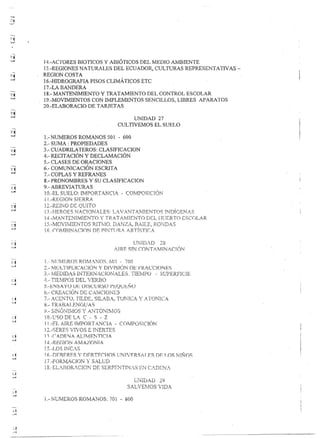 14.-ACTORES aroncos y ABIÓTICOS DEL MEDIO AMBIENTE
      15.-REGfONES NATURALES DEL ECUADOR, CULTURAS REPRESENTA TIV AS -
:~   .REGION COSTA
      16.-HIDROGRAFIA   PISOS CLIMÁ TICOS ETC
      17.-LA BANDERA
      18.- MANTENIMIENTO    Y TRATAMIENTO DEL CONTROL ESCOLAR
      19.-MOVIMIENTOS    CON llvIPLEMENTOS SENCILLOS, LIBRES APARATOS
      20.-ELABORACIO   DE TARJETAS

                                                                                                                             UNIDAD 27
                                                                                                                       CULTIVEMOS EL SUELO

     1.- NUMEROS ROMANOS 50 I - 600
     2.- SUMA: PROPIEDADES
     3.- CUADRILA TEROS: CLASIFICACION
     4.- RECITACIÓN y DECLAMACIÓN
     5.- CLASES DE ORACIONES
     6.- COMUNICACIÓN     ESCRlT A
     7.- COPLAS Y REFRANES
     8.  PRONOMBRES Y SU CLASIFICACTON
            M




     9.- ABREVIATURAS
     ] O.-EL SUELO: IMPORTANClf~   COMP()SíCIÓN
     ¡ ¡.-REGj()N SiERRA.
      t -,            nr-:n •.
                             lr. r .•
                                     r                            Al      1'11""-"
     1.":".-!'-!...::1j"t~J                      UL               -,_/...:l.!,...,1


     i ).-l-fE·fC_ClES N.A(~1()l'tf~L·E·~: '/.~_r~T ,h~M1ENT(~S n~D1(]EN_4.5
                                        L·.r
     14 .-li!"'J~TEi~lM1E,r~TCt v Ti:Z.Á. rfv'i1[,f"Tf) 'ü[,L i. rc.rERT() CSC()IJ.A.R~
                                          T
     ~~        1.rrl.",¡n1 ... f,."C"!'...¡-r-r-~CDrT;-,.tÍ".
     i.·r,-:'!'l-'     ,•. ,'v:ll.
                                   ;
                                     •.I"! ~
                                      ·            r v.s 1 ~••.t'-.'!    ,_.1","                                i'.A,...r7A               Df,";T'C
                                                                                                                .1..J4..• ¡'{t. »,-""1.~ ,i,}o';"l!...d_',!,
                                                                                                                     •
                                                                                                                                                                   Dr."- ...      ~r.AC
                                                                                                                                                                   .1'.'-·'!"i':'~_J.<"""".,_,.

     16. -(-()r./{B~l'J/(:l()I'J DE, pn'~·f1.lR../ij?" Tf·ST1(~/




     2.- MULT!PLiCAClÓN                                                                         y DlVIS!ÓN DE FRACC!ü~-.JES
     ...,            •. S~··¡"".iT""'t.         ..:. ~-, T-•.        .r...,......~.;,,-~   ¡-   .1   ,···l,·.·~., 4   l·   ~-'.'"   ~!""'-¡-¡->=.   ~;........        r , r-r- ..•·r..·r-. .•• ,J-'-r·r·
     J~- !~.l.c.L··~U/". 11~'; r:::.!~-'~/'.L·I...
                       •..
                       ")     t                  ./I~/LC.l~. ! lcrn¡-lJ                                                                                             ... ~L·r.c,:,",-rl.'--.lr ..

     4.- TIE!'2PC)S DEL. (E~~Bt)




     i j .-FL AIRE HvfP()RT ANC-iA - COifPOS1CIóN

     II -- · A,l1 Er'-J ,.!.. ftd__rlfF-1'~ (~!.
         C                         J        Ti p
     j      4_-f{f,Cil()T'J ÁfviA;~.()rJit
     1~
      ,     .'.-,.      -''-'
                              e
                : {le n"1r ..•.•
                                •• J.   .,   •• "-~/·   •. '-.'


     1F,·DFRFR.FS y DFRTFCHOS                                                                                          UNIVFRS/d,FS                                   DF ! .OS N!ÑOS
     j í .-Ft.JR1{fCH}l~ ~I' S/l_L·tJD




     j,              NUMEROS Rotv1ANOS: 70t - ¡lOO
 