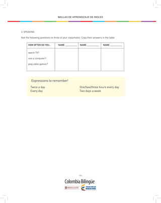 - 274 -
MALLAS DE APRENDIZAJE DE INGLÉS
3. SPEAKING
Ask the following questions to three of your classmates. Copy their answers in the table.
HOW OFTEN DO YOU...
watch TV?
use a computer?
play video games?
NAME __________ NAME __________
NAME __________
Expressions to remember!
Twice a day
Every day
One/two/three hours every day
Two days a week
 