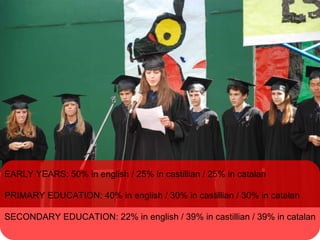 EARLY YEARS: 50% in english / 25% in castillian / 25% in catalan PRIMARY EDUCATION: 40% in english / 30% in castillian / 30% in catalan SECONDARY EDUCATION: 22% in english / 39% in castillian / 39% in catalan 