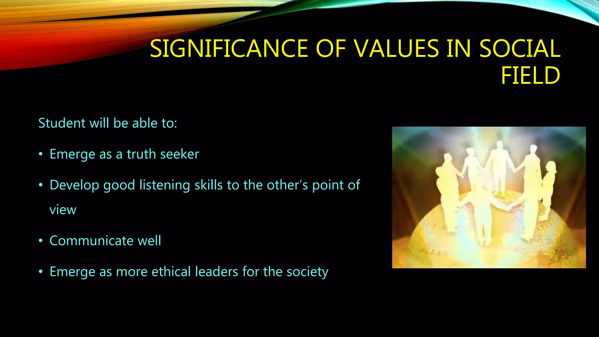SIGNIFICANCE OF VALUES IN SOCIAL
FIELD
Student will be able to:
• Emerge as a truth seeker
• Develop good listening skills to the other’s point of
view
• Communicate well
• Emerge as more ethical leaders for the society
 