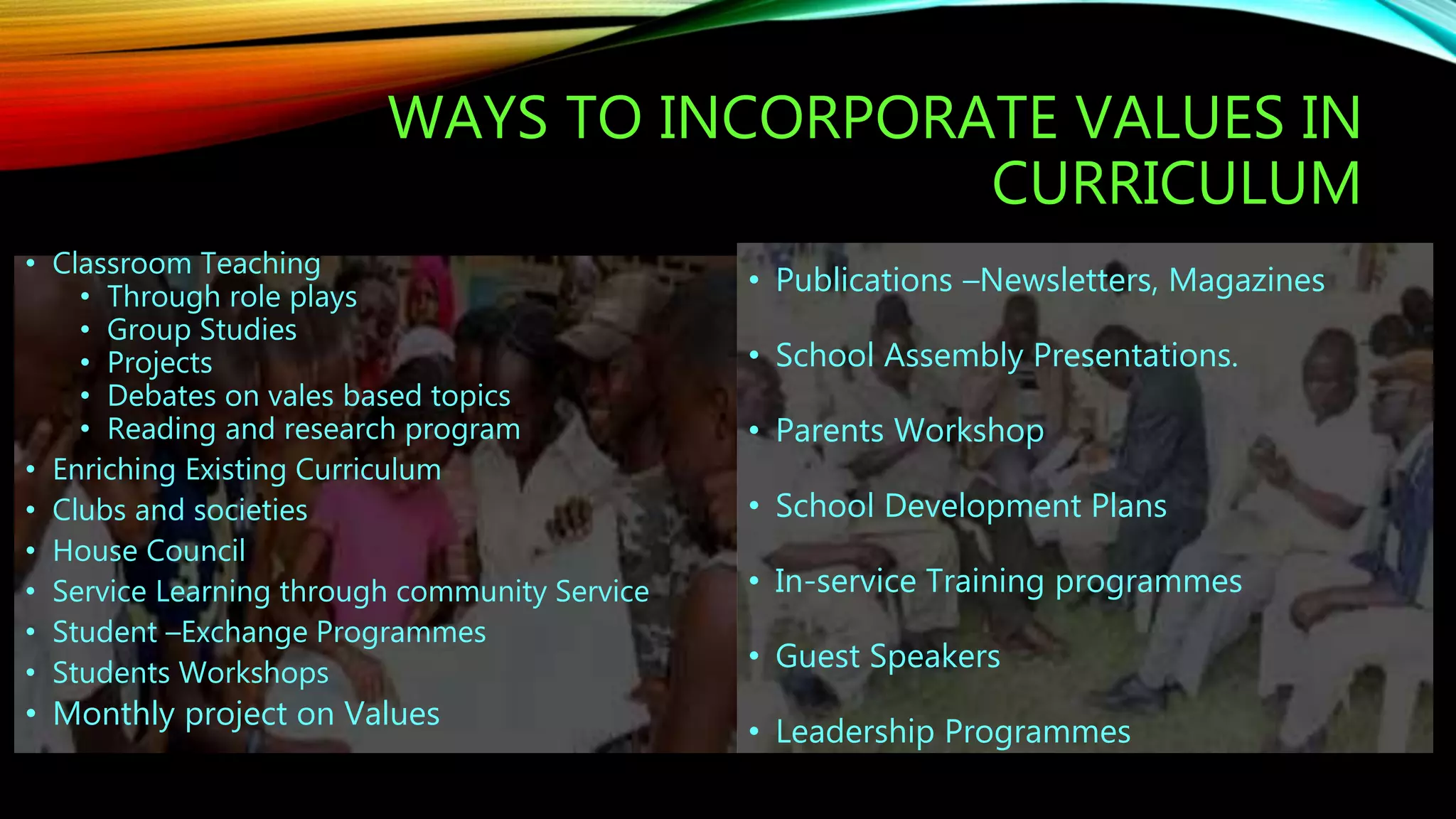 WAYS TO INCORPORATE VALUES IN
CURRICULUM
• Classroom Teaching
• Through role plays
• Group Studies
• Projects
• Debates on vales based topics
• Reading and research program
• Enriching Existing Curriculum
• Clubs and societies
• House Council
• Service Learning through community Service
• Student –Exchange Programmes
• Students Workshops
• Monthly project on Values
• Publications –Newsletters, Magazines
• School Assembly Presentations.
• Parents Workshop
• School Development Plans
• In-service Training programmes
• Guest Speakers
• Leadership Programmes
 