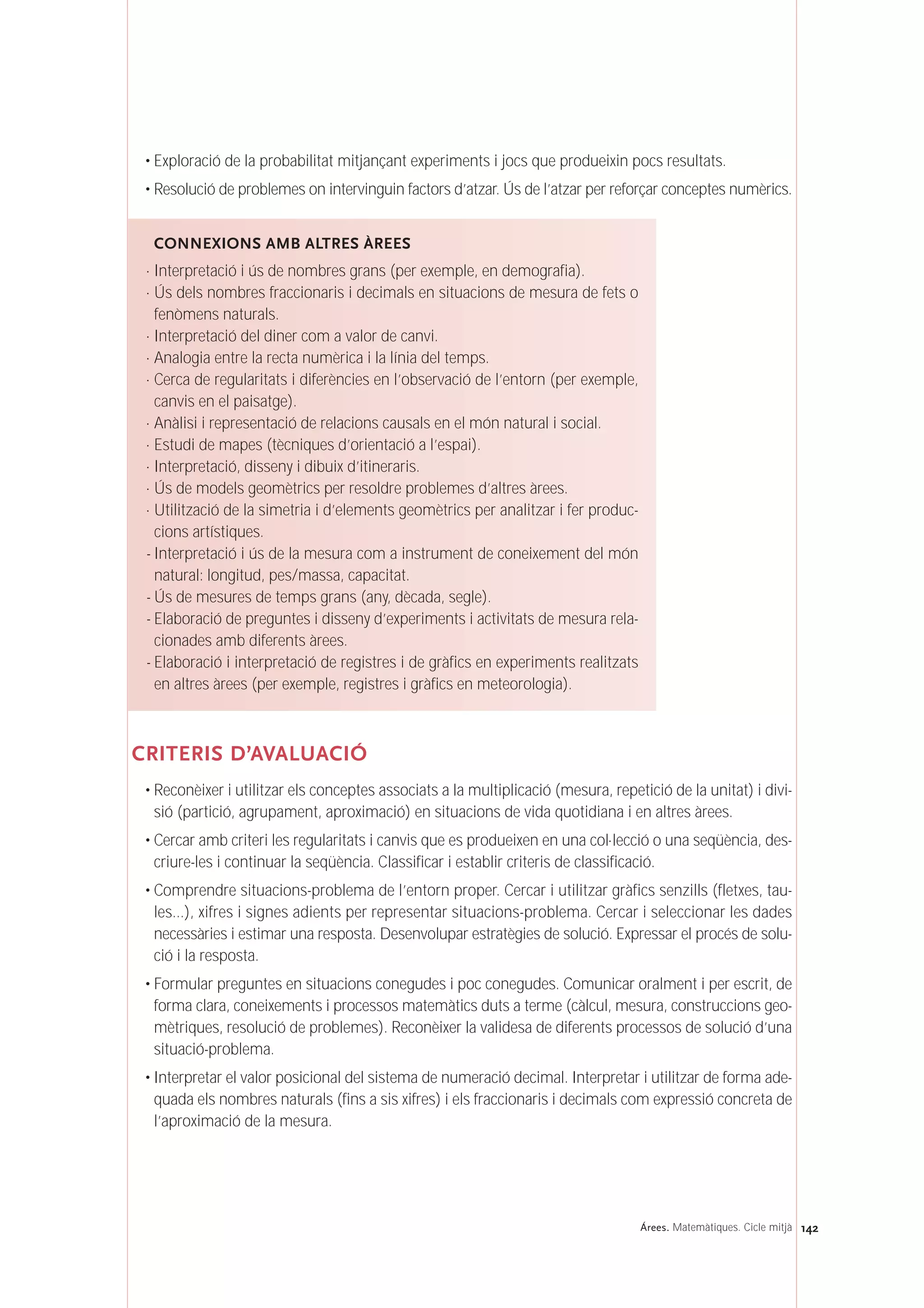 142Árees. Matemàtiques. Cicle mitjà
• Exploració de la probabilitat mitjançant experiments i jocs que produeixin pocs resultats.
• Resolució de problemes on intervinguin factors d’atzar. Ús de l’atzar per reforçar conceptes numèrics.
CRITERIS D’AVALUACIÓ
• Reconèixer i utilitzar els conceptes associats a la multiplicació (mesura, repetició de la unitat) i divi-
sió (partició, agrupament, aproximació) en situacions de vida quotidiana i en altres àrees.
• Cercar amb criteri les regularitats i canvis que es produeixen en una col·lecció o una seqüència, des-
criure-les i continuar la seqüència. Classificar i establir criteris de classificació.
• Comprendre situacions-problema de l’entorn proper. Cercar i utilitzar gràfics senzills (fletxes, tau-
les...), xifres i signes adients per representar situacions-problema. Cercar i seleccionar les dades
necessàries i estimar una resposta. Desenvolupar estratègies de solució. Expressar el procés de solu-
ció i la resposta.
• Formular preguntes en situacions conegudes i poc conegudes. Comunicar oralment i per escrit, de
forma clara, coneixements i processos matemàtics duts a terme (càlcul, mesura, construccions geo-
mètriques, resolució de problemes). Reconèixer la validesa de diferents processos de solució d’una
situació-problema.
• Interpretar el valor posicional del sistema de numeració decimal. Interpretar i utilitzar de forma ade-
quada els nombres naturals (fins a sis xifres) i els fraccionaris i decimals com expressió concreta de
l’aproximació de la mesura.
CONNEXIONS AMB ALTRES ÀREES
· Interpretació i ús de nombres grans (per exemple, en demografia).
· Ús dels nombres fraccionaris i decimals en situacions de mesura de fets o
fenòmens naturals.
· Interpretació del diner com a valor de canvi.
· Analogia entre la recta numèrica i la línia del temps.
· Cerca de regularitats i diferències en l’observació de l’entorn (per exemple,
canvis en el paisatge).
· Anàlisi i representació de relacions causals en el món natural i social.
· Estudi de mapes (tècniques d’orientació a l’espai).
· Interpretació, disseny i dibuix d’itineraris.
· Ús de models geomètrics per resoldre problemes d’altres àrees.
· Utilització de la simetria i d’elements geomètrics per analitzar i fer produc-
cions artístiques.
- Interpretació i ús de la mesura com a instrument de coneixement del món
natural: longitud, pes/massa, capacitat.
- Ús de mesures de temps grans (any, dècada, segle).
- Elaboració de preguntes i disseny d’experiments i activitats de mesura rela-
cionades amb diferents àrees.
- Elaboració i interpretació de registres i de gràfics en experiments realitzats
en altres àrees (per exemple, registres i gràfics en meteorologia).
 