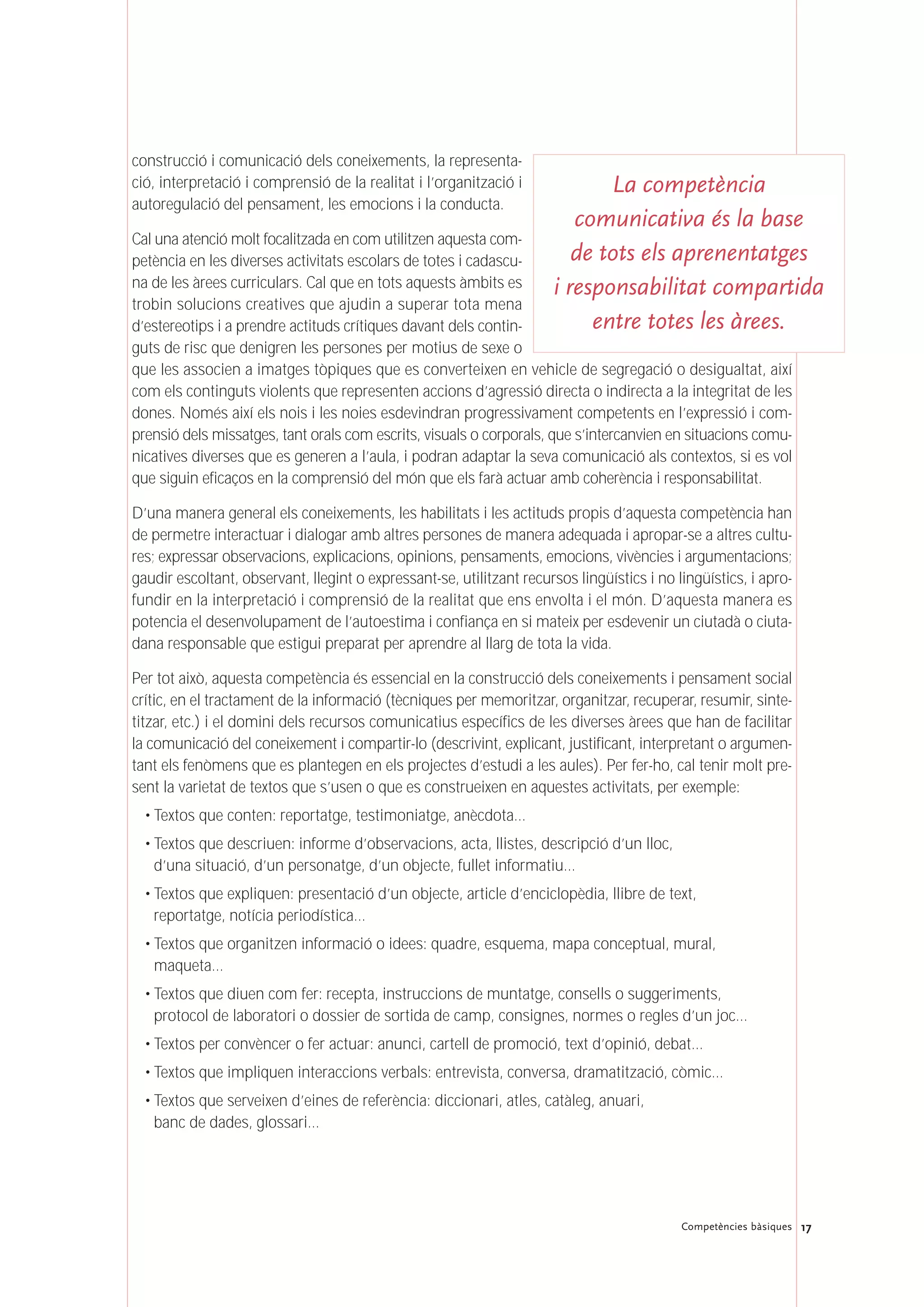 17Competències bàsiques
construcció i comunicació dels coneixements, la representa-
ció, interpretació i comprensió de la realitat i l’organització i
autoregulació del pensament, les emocions i la conducta.
Cal una atenció molt focalitzada en com utilitzen aquesta com-
petència en les diverses activitats escolars de totes i cadascu-
na de les àrees curriculars. Cal que en tots aquests àmbits es
trobin solucions creatives que ajudin a superar tota mena
d’estereotips i a prendre actituds crítiques davant dels contin-
guts de risc que denigren les persones per motius de sexe o
que les associen a imatges tòpiques que es converteixen en vehicle de segregació o desigualtat, així
com els continguts violents que representen accions d’agressió directa o indirecta a la integritat de les
dones. Només així els nois i les noies esdevindran progressivament competents en l’expressió i com-
prensió dels missatges, tant orals com escrits, visuals o corporals, que s’intercanvien en situacions comu-
nicatives diverses que es generen a l’aula, i podran adaptar la seva comunicació als contextos, si es vol
que siguin eficaços en la comprensió del món que els farà actuar amb coherència i responsabilitat.
D’una manera general els coneixements, les habilitats i les actituds propis d’aquesta competència han
de permetre interactuar i dialogar amb altres persones de manera adequada i apropar-se a altres cultu-
res; expressar observacions, explicacions, opinions, pensaments, emocions, vivències i argumentacions;
gaudir escoltant, observant, llegint o expressant-se, utilitzant recursos lingüístics i no lingüístics, i apro-
fundir en la interpretació i comprensió de la realitat que ens envolta i el món. D’aquesta manera es
potencia el desenvolupament de l’autoestima i confiança en si mateix per esdevenir un ciutadà o ciuta-
dana responsable que estigui preparat per aprendre al llarg de tota la vida.
Per tot això, aquesta competència és essencial en la construcció dels coneixements i pensament social
crític, en el tractament de la informació (tècniques per memoritzar, organitzar, recuperar, resumir, sinte-
titzar, etc.) i el domini dels recursos comunicatius específics de les diverses àrees que han de facilitar
la comunicació del coneixement i compartir-lo (descrivint, explicant, justificant, interpretant o argumen-
tant els fenòmens que es plantegen en els projectes d’estudi a les aules). Per fer-ho, cal tenir molt pre-
sent la varietat de textos que s’usen o que es construeixen en aquestes activitats, per exemple:
• Textos que conten: reportatge, testimoniatge, anècdota…
• Textos que descriuen: informe d’observacions, acta, llistes, descripció d’un lloc,
d’una situació, d’un personatge, d’un objecte, fullet informatiu…
• Textos que expliquen: presentació d’un objecte, article d’enciclopèdia, llibre de text,
reportatge, notícia periodística…
• Textos que organitzen informació o idees: quadre, esquema, mapa conceptual, mural,
maqueta…
• Textos que diuen com fer: recepta, instruccions de muntatge, consells o suggeriments,
protocol de laboratori o dossier de sortida de camp, consignes, normes o regles d’un joc…
• Textos per convèncer o fer actuar: anunci, cartell de promoció, text d’opinió, debat…
• Textos que impliquen interaccions verbals: entrevista, conversa, dramatització, còmic…
• Textos que serveixen d’eines de referència: diccionari, atles, catàleg, anuari,
banc de dades, glossari…
La competència
comunicativa és la base
de tots els aprenentatges
i responsabilitat compartida
entre totes les àrees.
 