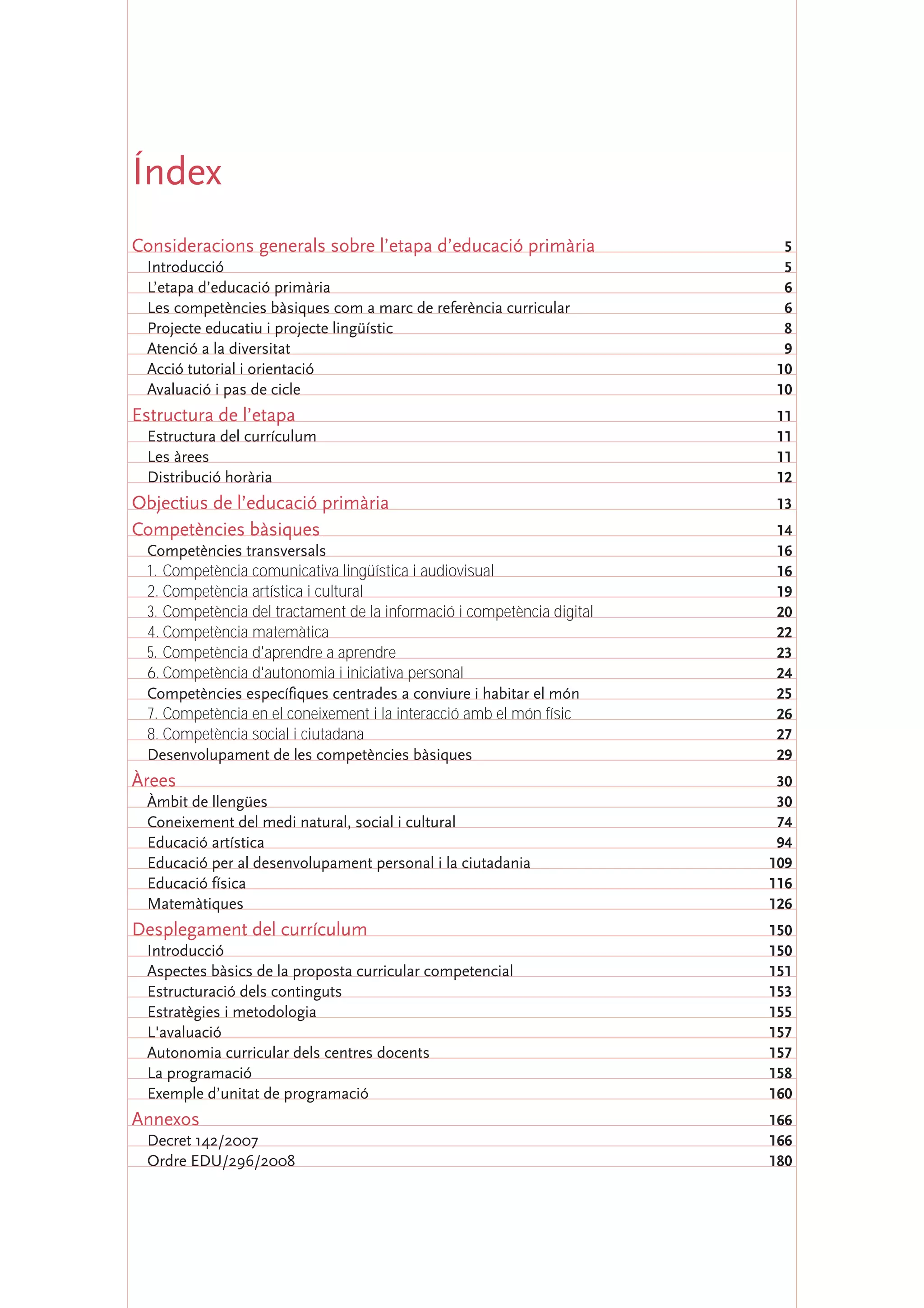 Índex
Consideracions generals sobre l’etapa d’educació primària 5
Introducció 5
L’etapa d’educació primària 6
Les competències bàsiques com a marc de referència curricular 6
Projecte educatiu i projecte lingüístic 8
Atenció a la diversitat 9
Acció tutorial i orientació 10
Avaluació i pas de cicle 10
Estructura de l’etapa 11
Estructura del currículum 11
Les àrees 11
Distribució horària 12
Objectius de l’educació primària 13
Competències bàsiques 14
Competències transversals 16
1. Competència comunicativa lingüística i audiovisual 16
2. Competència artística i cultural 19
3. Competència del tractament de la informació i competència digital 20
4. Competència matemàtica 22
5. Competència d'aprendre a aprendre 23
6. Competència d'autonomia i iniciativa personal 24
Competències específiques centrades a conviure i habitar el món 25
7. Competència en el coneixement i la interacció amb el món físic 26
8. Competència social i ciutadana 27
Desenvolupament de les competències bàsiques 29
Àrees 30
Àmbit de llengües 30
Coneixement del medi natural, social i cultural 74
Educació artística 94
Educació per al desenvolupament personal i la ciutadania 109
Educació física 116
Matemàtiques 126
Desplegament del currículum 150
Introducció 150
Aspectes bàsics de la proposta curricular competencial 151
Estructuració dels continguts 153
Estratègies i metodologia 155
L'avaluació 157
Autonomia curricular dels centres docents 157
La programació 158
Exemple d’unitat de programació 160
Annexos 166
Decret 142/2007 166
Ordre EDU/296/2008 180
 