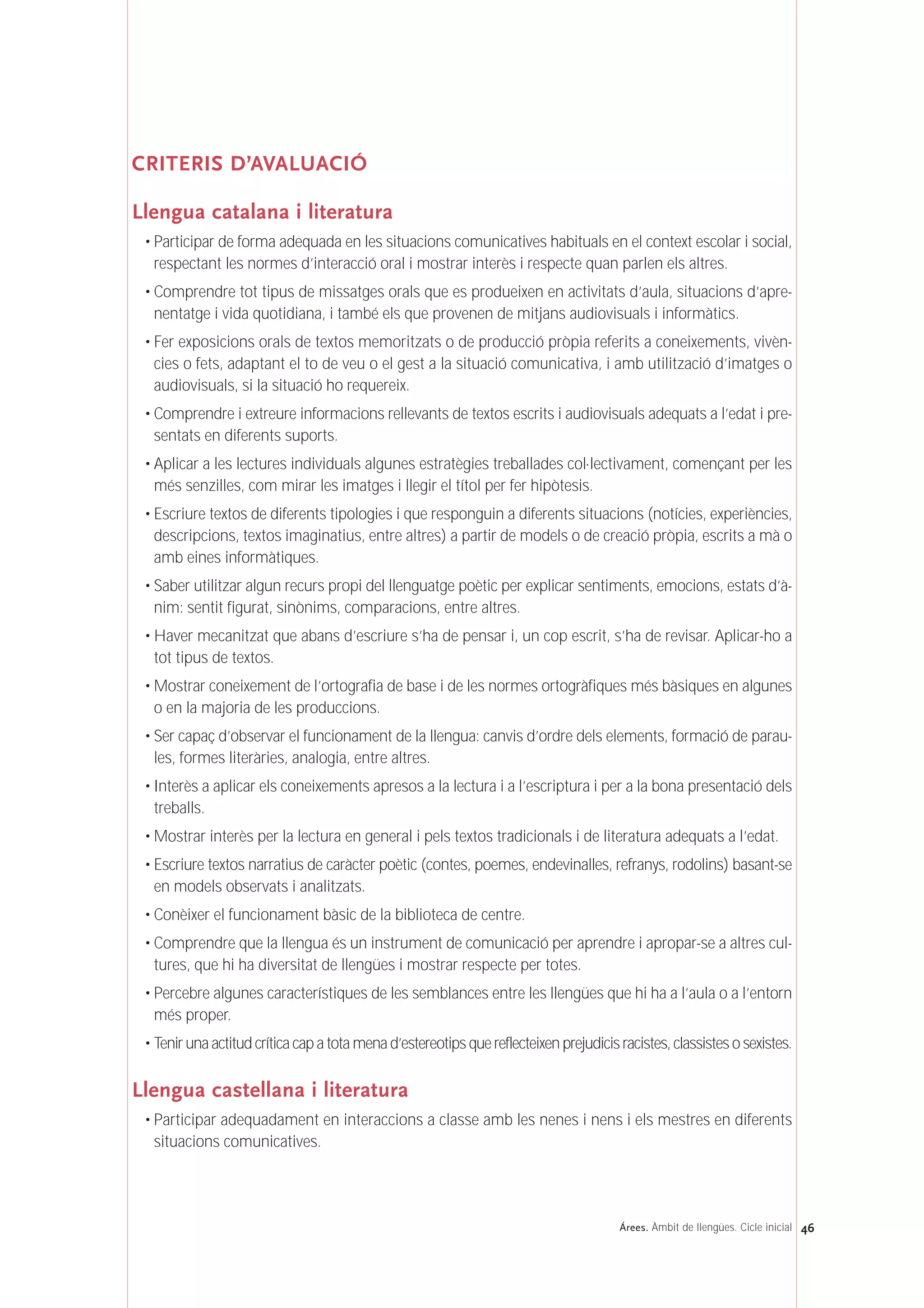 CRITERIS D’AVALUACIÓ
Llengua catalana i literatura
• Participar de forma adequada en les situacions comunicatives habituals en el context escolar i social,
respectant les normes d’interacció oral i mostrar interès i respecte quan parlen els altres.
• Comprendre tot tipus de missatges orals que es produeixen en activitats d’aula, situacions d’apre-
nentatge i vida quotidiana, i també els que provenen de mitjans audiovisuals i informàtics.
• Fer exposicions orals de textos memoritzats o de producció pròpia referits a coneixements, vivèn-
cies o fets, adaptant el to de veu o el gest a la situació comunicativa, i amb utilització d’imatges o
audiovisuals, si la situació ho requereix.
• Comprendre i extreure informacions rellevants de textos escrits i audiovisuals adequats a l’edat i pre-
sentats en diferents suports.
• Aplicar a les lectures individuals algunes estratègies treballades col·lectivament, començant per les
més senzilles, com mirar les imatges i llegir el títol per fer hipòtesis.
• Escriure textos de diferents tipologies i que responguin a diferents situacions (notícies, experiències,
descripcions, textos imaginatius, entre altres) a partir de models o de creació pròpia, escrits a mà o
amb eines informàtiques.
• Saber utilitzar algun recurs propi del llenguatge poètic per explicar sentiments, emocions, estats d’à-
nim: sentit figurat, sinònims, comparacions, entre altres.
• Haver mecanitzat que abans d’escriure s’ha de pensar i, un cop escrit, s’ha de revisar. Aplicar-ho a
tot tipus de textos.
• Mostrar coneixement de l’ortografia de base i de les normes ortogràfiques més bàsiques en algunes
o en la majoria de les produccions.
• Ser capaç d’observar el funcionament de la llengua: canvis d’ordre dels elements, formació de parau-
les, formes literàries, analogia, entre altres.
• Interès a aplicar els coneixements apresos a la lectura i a l’escriptura i per a la bona presentació dels
treballs.
• Mostrar interès per la lectura en general i pels textos tradicionals i de literatura adequats a l’edat.
• Escriure textos narratius de caràcter poètic (contes, poemes, endevinalles, refranys, rodolins) basant-se
en models observats i analitzats.
• Conèixer el funcionament bàsic de la biblioteca de centre.
• Comprendre que la llengua és un instrument de comunicació per aprendre i apropar-se a altres cul-
tures, que hi ha diversitat de llengües i mostrar respecte per totes.
• Percebre algunes característiques de les semblances entre les llengües que hi ha a l’aula o a l’entorn
més proper.
• Tenir una actitud crítica cap a tota mena d’estereotips que reflecteixen prejudicis racistes, classistes o sexistes.
Llengua castellana i literatura
• Participar adequadament en interaccions a classe amb les nenes i nens i els mestres en diferents
situacions comunicatives.
46Árees. Àmbit de llengües. Cicle inicial
 