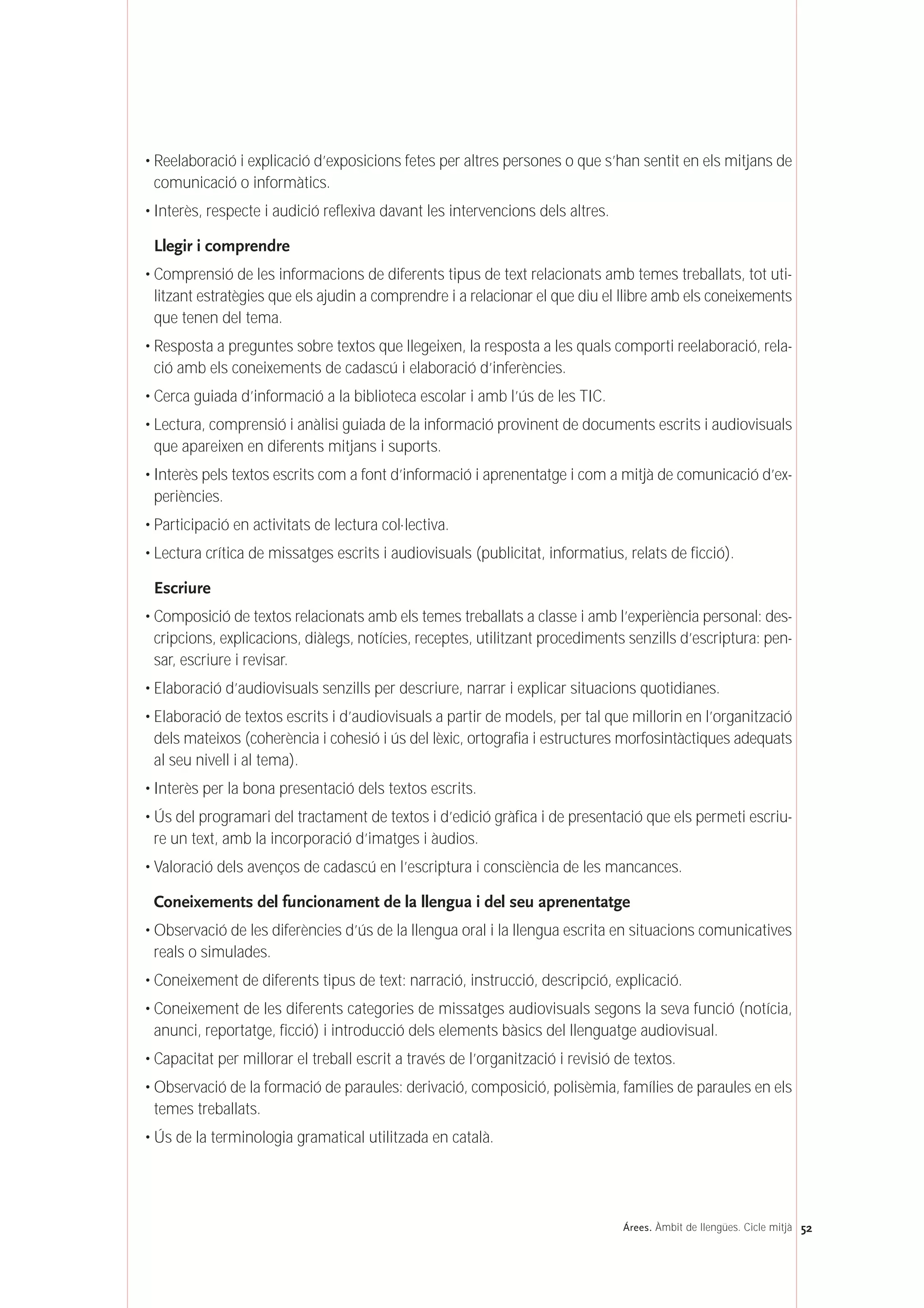 • Reelaboració i explicació d’exposicions fetes per altres persones o que s’han sentit en els mitjans de
comunicació o informàtics.
• Interès, respecte i audició reflexiva davant les intervencions dels altres.
Llegir i comprendre
• Comprensió de les informacions de diferents tipus de text relacionats amb temes treballats, tot uti-
litzant estratègies que els ajudin a comprendre i a relacionar el que diu el llibre amb els coneixements
que tenen del tema.
• Resposta a preguntes sobre textos que llegeixen, la resposta a les quals comporti reelaboració, rela-
ció amb els coneixements de cadascú i elaboració d’inferències.
• Cerca guiada d’informació a la biblioteca escolar i amb l’ús de les TIC.
• Lectura, comprensió i anàlisi guiada de la informació provinent de documents escrits i audiovisuals
que apareixen en diferents mitjans i suports.
• Interès pels textos escrits com a font d’informació i aprenentatge i com a mitjà de comunicació d’ex-
periències.
• Participació en activitats de lectura col·lectiva.
• Lectura crítica de missatges escrits i audiovisuals (publicitat, informatius, relats de ficció).
Escriure
• Composició de textos relacionats amb els temes treballats a classe i amb l’experiència personal: des-
cripcions, explicacions, diàlegs, notícies, receptes, utilitzant procediments senzills d’escriptura: pen-
sar, escriure i revisar.
• Elaboració d’audiovisuals senzills per descriure, narrar i explicar situacions quotidianes.
• Elaboració de textos escrits i d’audiovisuals a partir de models, per tal que millorin en l’organització
dels mateixos (coherència i cohesió i ús del lèxic, ortografia i estructures morfosintàctiques adequats
al seu nivell i al tema).
• Interès per la bona presentació dels textos escrits.
• Ús del programari del tractament de textos i d’edició gràfica i de presentació que els permeti escriu-
re un text, amb la incorporació d’imatges i àudios.
• Valoració dels avenços de cadascú en l’escriptura i consciència de les mancances.
Coneixements del funcionament de la llengua i del seu aprenentatge
• Observació de les diferències d’ús de la llengua oral i la llengua escrita en situacions comunicatives
reals o simulades.
• Coneixement de diferents tipus de text: narració, instrucció, descripció, explicació.
• Coneixement de les diferents categories de missatges audiovisuals segons la seva funció (notícia,
anunci, reportatge, ficció) i introducció dels elements bàsics del llenguatge audiovisual.
• Capacitat per millorar el treball escrit a través de l’organització i revisió de textos.
• Observació de la formació de paraules: derivació, composició, polisèmia, famílies de paraules en els
temes treballats.
• Ús de la terminologia gramatical utilitzada en català.
52Árees. Àmbit de llengües. Cicle mitjà
 