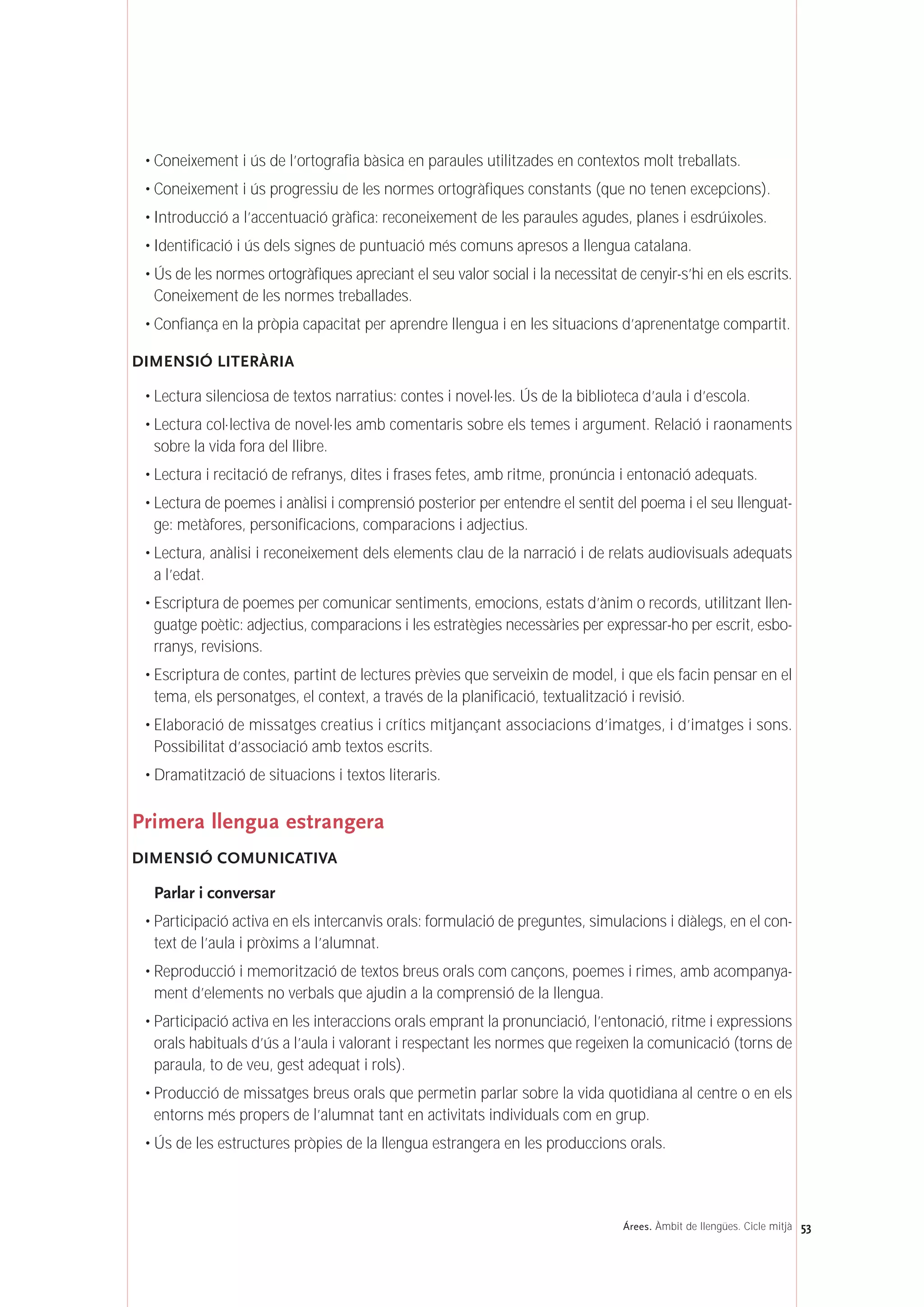 • Coneixement i ús de l’ortografia bàsica en paraules utilitzades en contextos molt treballats.
• Coneixement i ús progressiu de les normes ortogràfiques constants (que no tenen excepcions).
• Introducció a l’accentuació gràfica: reconeixement de les paraules agudes, planes i esdrúixoles.
• Identificació i ús dels signes de puntuació més comuns apresos a llengua catalana.
• Ús de les normes ortogràfiques apreciant el seu valor social i la necessitat de cenyir-s’hi en els escrits.
Coneixement de les normes treballades.
• Confiança en la pròpia capacitat per aprendre llengua i en les situacions d’aprenentatge compartit.
DIMENSIÓ LITERÀRIA
• Lectura silenciosa de textos narratius: contes i novel·les. Ús de la biblioteca d’aula i d’escola.
• Lectura col·lectiva de novel·les amb comentaris sobre els temes i argument. Relació i raonaments
sobre la vida fora del llibre.
• Lectura i recitació de refranys, dites i frases fetes, amb ritme, pronúncia i entonació adequats.
• Lectura de poemes i anàlisi i comprensió posterior per entendre el sentit del poema i el seu llenguat-
ge: metàfores, personificacions, comparacions i adjectius.
• Lectura, anàlisi i reconeixement dels elements clau de la narració i de relats audiovisuals adequats
a l’edat.
• Escriptura de poemes per comunicar sentiments, emocions, estats d’ànim o records, utilitzant llen-
guatge poètic: adjectius, comparacions i les estratègies necessàries per expressar-ho per escrit, esbo-
rranys, revisions.
• Escriptura de contes, partint de lectures prèvies que serveixin de model, i que els facin pensar en el
tema, els personatges, el context, a través de la planificació, textualització i revisió.
• Elaboració de missatges creatius i crítics mitjançant associacions d’imatges, i d’imatges i sons.
Possibilitat d’associació amb textos escrits.
• Dramatització de situacions i textos literaris.
Primera llengua estrangera
DIMENSIÓ COMUNICATIVA
Parlar i conversar
• Participació activa en els intercanvis orals: formulació de preguntes, simulacions i diàlegs, en el con-
text de l’aula i pròxims a l’alumnat.
• Reproducció i memorització de textos breus orals com cançons, poemes i rimes, amb acompanya-
ment d’elements no verbals que ajudin a la comprensió de la llengua.
• Participació activa en les interaccions orals emprant la pronunciació, l’entonació, ritme i expressions
orals habituals d’ús a l’aula i valorant i respectant les normes que regeixen la comunicació (torns de
paraula, to de veu, gest adequat i rols).
• Producció de missatges breus orals que permetin parlar sobre la vida quotidiana al centre o en els
entorns més propers de l’alumnat tant en activitats individuals com en grup.
• Ús de les estructures pròpies de la llengua estrangera en les produccions orals.
53Árees. Àmbit de llengües. Cicle mitjà
 