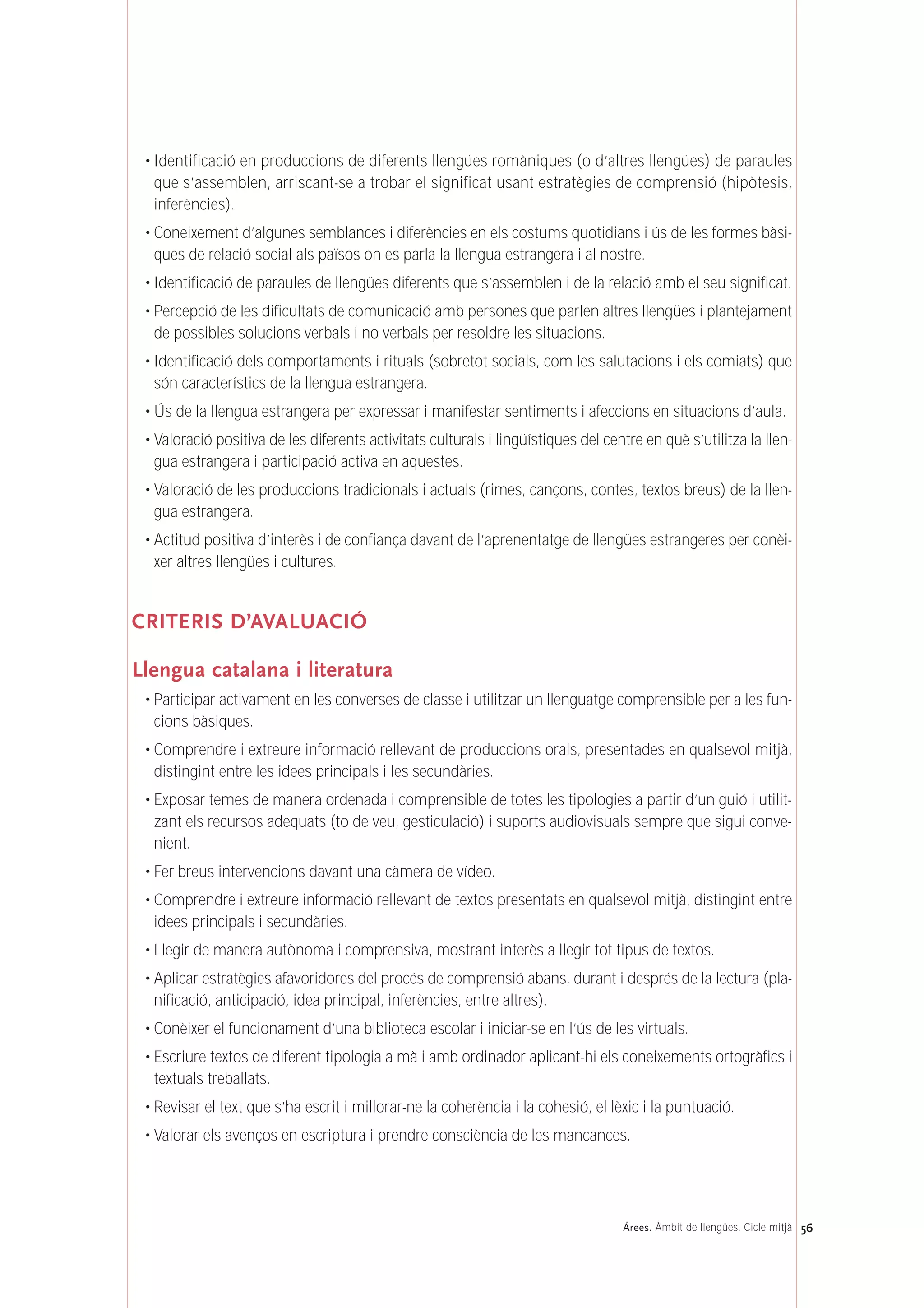 • Identificació en produccions de diferents llengües romàniques (o d’altres llengües) de paraules
que s’assemblen, arriscant-se a trobar el significat usant estratègies de comprensió (hipòtesis,
inferències).
• Coneixement d’algunes semblances i diferències en els costums quotidians i ús de les formes bàsi-
ques de relació social als països on es parla la llengua estrangera i al nostre.
• Identificació de paraules de llengües diferents que s’assemblen i de la relació amb el seu significat.
• Percepció de les dificultats de comunicació amb persones que parlen altres llengües i plantejament
de possibles solucions verbals i no verbals per resoldre les situacions.
• Identificació dels comportaments i rituals (sobretot socials, com les salutacions i els comiats) que
són característics de la llengua estrangera.
• Ús de la llengua estrangera per expressar i manifestar sentiments i afeccions en situacions d’aula.
• Valoració positiva de les diferents activitats culturals i lingüístiques del centre en què s’utilitza la llen-
gua estrangera i participació activa en aquestes.
• Valoració de les produccions tradicionals i actuals (rimes, cançons, contes, textos breus) de la llen-
gua estrangera.
• Actitud positiva d’interès i de confiança davant de l’aprenentatge de llengües estrangeres per conèi-
xer altres llengües i cultures.
CRITERIS D’AVALUACIÓ
Llengua catalana i literatura
• Participar activament en les converses de classe i utilitzar un llenguatge comprensible per a les fun-
cions bàsiques.
• Comprendre i extreure informació rellevant de produccions orals, presentades en qualsevol mitjà,
distingint entre les idees principals i les secundàries.
• Exposar temes de manera ordenada i comprensible de totes les tipologies a partir d’un guió i utilit-
zant els recursos adequats (to de veu, gesticulació) i suports audiovisuals sempre que sigui conve-
nient.
• Fer breus intervencions davant una càmera de vídeo.
• Comprendre i extreure informació rellevant de textos presentats en qualsevol mitjà, distingint entre
idees principals i secundàries.
• Llegir de manera autònoma i comprensiva, mostrant interès a llegir tot tipus de textos.
• Aplicar estratègies afavoridores del procés de comprensió abans, durant i després de la lectura (pla-
nificació, anticipació, idea principal, inferències, entre altres).
• Conèixer el funcionament d’una biblioteca escolar i iniciar-se en l’ús de les virtuals.
• Escriure textos de diferent tipologia a mà i amb ordinador aplicant-hi els coneixements ortogràfics i
textuals treballats.
• Revisar el text que s’ha escrit i millorar-ne la coherència i la cohesió, el lèxic i la puntuació.
• Valorar els avenços en escriptura i prendre consciència de les mancances.
56Árees. Àmbit de llengües. Cicle mitjà
 