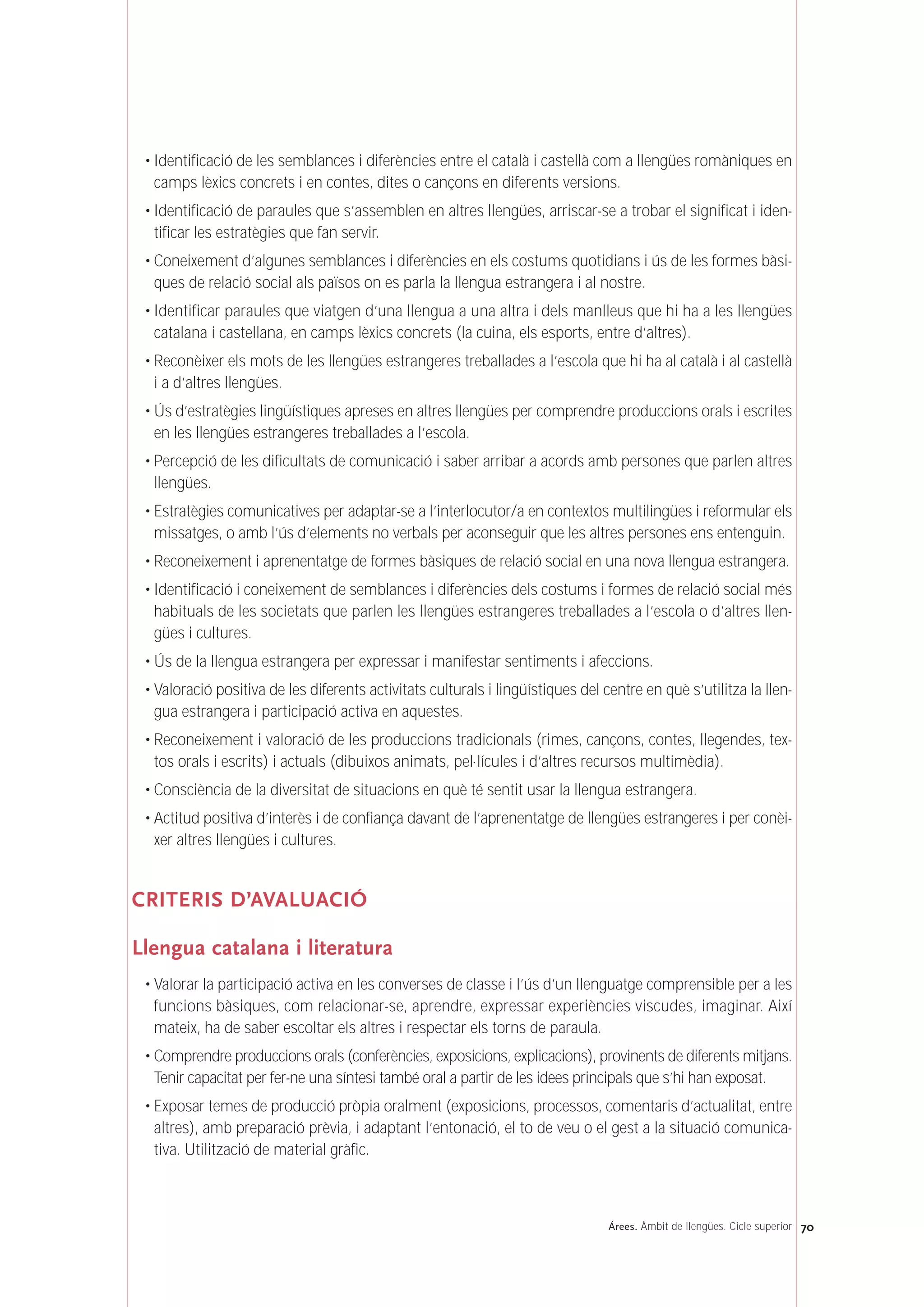 • Identificació de les semblances i diferències entre el català i castellà com a llengües romàniques en
camps lèxics concrets i en contes, dites o cançons en diferents versions.
• Identificació de paraules que s’assemblen en altres llengües, arriscar-se a trobar el significat i iden-
tificar les estratègies que fan servir.
• Coneixement d’algunes semblances i diferències en els costums quotidians i ús de les formes bàsi-
ques de relació social als països on es parla la llengua estrangera i al nostre.
• Identificar paraules que viatgen d’una llengua a una altra i dels manlleus que hi ha a les llengües
catalana i castellana, en camps lèxics concrets (la cuina, els esports, entre d’altres).
• Reconèixer els mots de les llengües estrangeres treballades a l’escola que hi ha al català i al castellà
i a d’altres llengües.
• Ús d’estratègies lingüístiques apreses en altres llengües per comprendre produccions orals i escrites
en les llengües estrangeres treballades a l’escola.
• Percepció de les dificultats de comunicació i saber arribar a acords amb persones que parlen altres
llengües.
• Estratègies comunicatives per adaptar-se a l’interlocutor/a en contextos multilingües i reformular els
missatges, o amb l’ús d’elements no verbals per aconseguir que les altres persones ens entenguin.
• Reconeixement i aprenentatge de formes bàsiques de relació social en una nova llengua estrangera.
• Identificació i coneixement de semblances i diferències dels costums i formes de relació social més
habituals de les societats que parlen les llengües estrangeres treballades a l’escola o d’altres llen-
gües i cultures.
• Ús de la llengua estrangera per expressar i manifestar sentiments i afeccions.
• Valoració positiva de les diferents activitats culturals i lingüístiques del centre en què s’utilitza la llen-
gua estrangera i participació activa en aquestes.
• Reconeixement i valoració de les produccions tradicionals (rimes, cançons, contes, llegendes, tex-
tos orals i escrits) i actuals (dibuixos animats, pel·lícules i d’altres recursos multimèdia).
• Consciència de la diversitat de situacions en què té sentit usar la llengua estrangera.
• Actitud positiva d’interès i de confiança davant de l’aprenentatge de llengües estrangeres i per conèi-
xer altres llengües i cultures.
CRITERIS D’AVALUACIÓ
Llengua catalana i literatura
• Valorar la participació activa en les converses de classe i l’ús d’un llenguatge comprensible per a les
funcions bàsiques, com relacionar-se, aprendre, expressar experiències viscudes, imaginar. Així
mateix, ha de saber escoltar els altres i respectar els torns de paraula.
• Comprendre produccions orals (conferències, exposicions, explicacions), provinents de diferents mitjans.
Tenir capacitat per fer-ne una síntesi també oral a partir de les idees principals que s’hi han exposat.
• Exposar temes de producció pròpia oralment (exposicions, processos, comentaris d’actualitat, entre
altres), amb preparació prèvia, i adaptant l’entonació, el to de veu o el gest a la situació comunica-
tiva. Utilització de material gràfic.
70Árees. Àmbit de llengües. Cicle superior
 