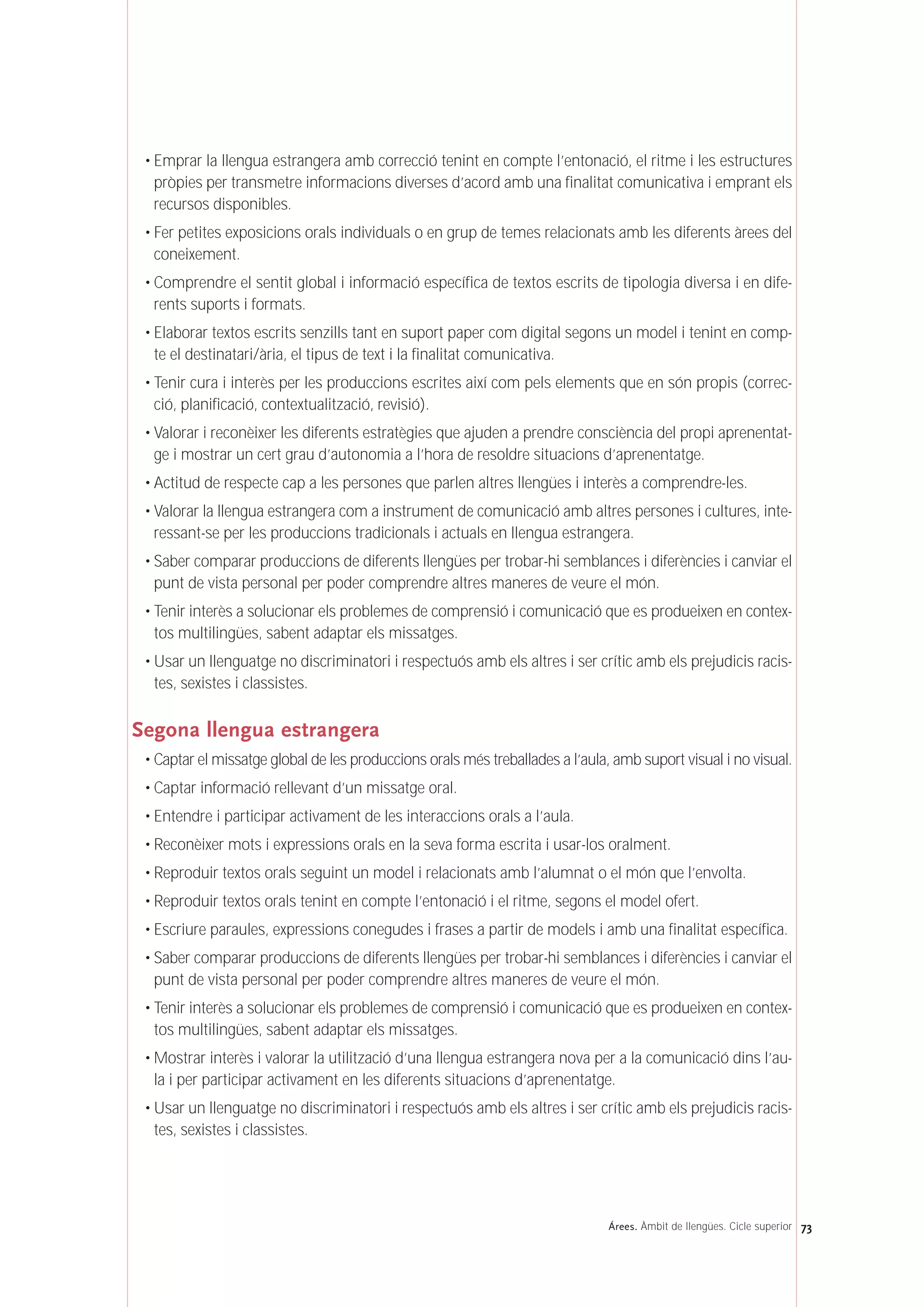 • Emprar la llengua estrangera amb correcció tenint en compte l’entonació, el ritme i les estructures
pròpies per transmetre informacions diverses d’acord amb una finalitat comunicativa i emprant els
recursos disponibles.
• Fer petites exposicions orals individuals o en grup de temes relacionats amb les diferents àrees del
coneixement.
• Comprendre el sentit global i informació específica de textos escrits de tipologia diversa i en dife-
rents suports i formats.
• Elaborar textos escrits senzills tant en suport paper com digital segons un model i tenint en comp-
te el destinatari/ària, el tipus de text i la finalitat comunicativa.
• Tenir cura i interès per les produccions escrites així com pels elements que en són propis (correc-
ció, planificació, contextualització, revisió).
• Valorar i reconèixer les diferents estratègies que ajuden a prendre consciència del propi aprenentat-
ge i mostrar un cert grau d’autonomia a l’hora de resoldre situacions d’aprenentatge.
• Actitud de respecte cap a les persones que parlen altres llengües i interès a comprendre-les.
• Valorar la llengua estrangera com a instrument de comunicació amb altres persones i cultures, inte-
ressant-se per les produccions tradicionals i actuals en llengua estrangera.
• Saber comparar produccions de diferents llengües per trobar-hi semblances i diferències i canviar el
punt de vista personal per poder comprendre altres maneres de veure el món.
• Tenir interès a solucionar els problemes de comprensió i comunicació que es produeixen en contex-
tos multilingües, sabent adaptar els missatges.
• Usar un llenguatge no discriminatori i respectuós amb els altres i ser crític amb els prejudicis racis-
tes, sexistes i classistes.
Segona llengua estrangera
• Captar el missatge global de les produccions orals més treballades a l’aula, amb suport visual i no visual.
• Captar informació rellevant d’un missatge oral.
• Entendre i participar activament de les interaccions orals a l’aula.
• Reconèixer mots i expressions orals en la seva forma escrita i usar-los oralment.
• Reproduir textos orals seguint un model i relacionats amb l’alumnat o el món que l’envolta.
• Reproduir textos orals tenint en compte l’entonació i el ritme, segons el model ofert.
• Escriure paraules, expressions conegudes i frases a partir de models i amb una finalitat específica.
• Saber comparar produccions de diferents llengües per trobar-hi semblances i diferències i canviar el
punt de vista personal per poder comprendre altres maneres de veure el món.
• Tenir interès a solucionar els problemes de comprensió i comunicació que es produeixen en contex-
tos multilingües, sabent adaptar els missatges.
• Mostrar interès i valorar la utilització d’una llengua estrangera nova per a la comunicació dins l’au-
la i per participar activament en les diferents situacions d’aprenentatge.
• Usar un llenguatge no discriminatori i respectuós amb els altres i ser crític amb els prejudicis racis-
tes, sexistes i classistes.
73Árees. Àmbit de llengües. Cicle superior
 