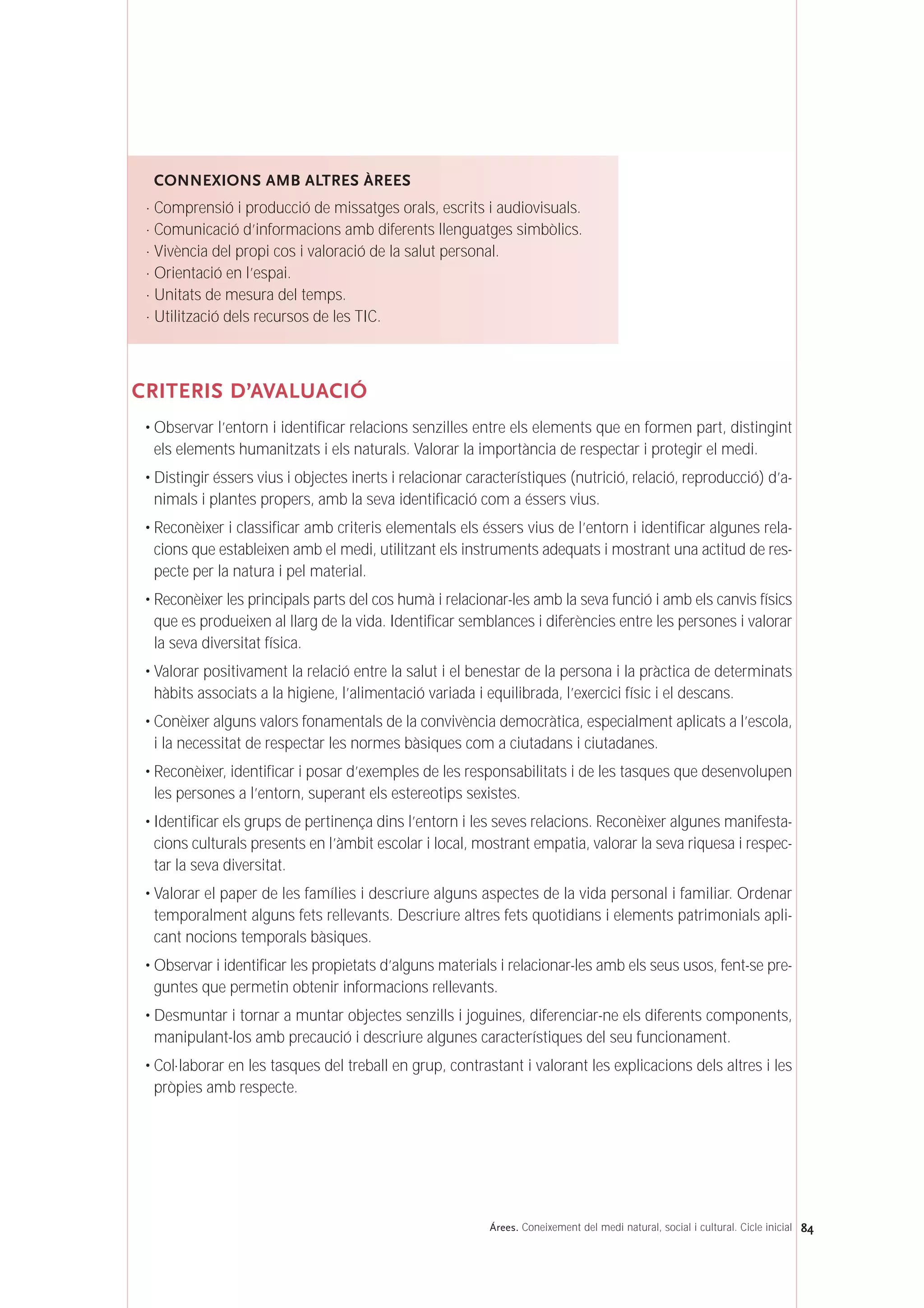 CRITERIS D’AVALUACIÓ
• Observar l’entorn i identificar relacions senzilles entre els elements que en formen part, distingint
els elements humanitzats i els naturals. Valorar la importància de respectar i protegir el medi.
• Distingir éssers vius i objectes inerts i relacionar característiques (nutrició, relació, reproducció) d’a-
nimals i plantes propers, amb la seva identificació com a éssers vius.
• Reconèixer i classificar amb criteris elementals els éssers vius de l’entorn i identificar algunes rela-
cions que estableixen amb el medi, utilitzant els instruments adequats i mostrant una actitud de res-
pecte per la natura i pel material.
• Reconèixer les principals parts del cos humà i relacionar-les amb la seva funció i amb els canvis físics
que es produeixen al llarg de la vida. Identificar semblances i diferències entre les persones i valorar
la seva diversitat física.
• Valorar positivament la relació entre la salut i el benestar de la persona i la pràctica de determinats
hàbits associats a la higiene, l’alimentació variada i equilibrada, l’exercici físic i el descans.
• Conèixer alguns valors fonamentals de la convivència democràtica, especialment aplicats a l’escola,
i la necessitat de respectar les normes bàsiques com a ciutadans i ciutadanes.
• Reconèixer, identificar i posar d’exemples de les responsabilitats i de les tasques que desenvolupen
les persones a l’entorn, superant els estereotips sexistes.
• Identificar els grups de pertinença dins l’entorn i les seves relacions. Reconèixer algunes manifesta-
cions culturals presents en l’àmbit escolar i local, mostrant empatia, valorar la seva riquesa i respec-
tar la seva diversitat.
• Valorar el paper de les famílies i descriure alguns aspectes de la vida personal i familiar. Ordenar
temporalment alguns fets rellevants. Descriure altres fets quotidians i elements patrimonials apli-
cant nocions temporals bàsiques.
• Observar i identificar les propietats d’alguns materials i relacionar-les amb els seus usos, fent-se pre-
guntes que permetin obtenir informacions rellevants.
• Desmuntar i tornar a muntar objectes senzills i joguines, diferenciar-ne els diferents components,
manipulant-los amb precaució i descriure algunes característiques del seu funcionament.
• Col·laborar en les tasques del treball en grup, contrastant i valorant les explicacions dels altres i les
pròpies amb respecte.
CONNEXIONS AMB ALTRES ÀREES
· Comprensió i producció de missatges orals, escrits i audiovisuals.
· Comunicació d’informacions amb diferents llenguatges simbòlics.
· Vivència del propi cos i valoració de la salut personal.
· Orientació en l’espai.
· Unitats de mesura del temps.
· Utilització dels recursos de les TIC.
84Árees. Coneixement del medi natural, social i cultural. Cicle inicial
 
