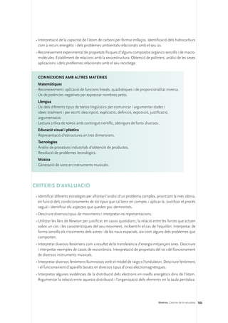 •	Interpretació de la capacitat de l’àtom de carboni per formar enllaços. Identificació dels hidrocarburs
   com a recurs energètic i dels problemes ambientals relacionats amb el seu ús.
 •	Reconeixement experimental de propietats físiques d’alguns compostos orgànics senzills i de macro-
   molècules. Establiment de relacions amb la seva estructura. Obtenció de polímers, anàlisi de les seves
   aplicacions i dels problemes relacionats amb el seu reciclatge.


  ConNEXIONS amb altres matèries
   Matemàtiques
 ·	Reconeixement i aplicació de funcions lineals, quadràtiques i de proporcionalitat inversa.
 ·	Ús de potències negatives per expressar nombres petits.
   Llengua
 ·	Ús dels diferents tipus de textos lingüístics per comunicar i argumentar dades i
   idees oralment i per escrit: descripció, explicació, definició, exposició, justificació,
   argumentació.
 ·	Lectura crítica de textos amb contingut científic, obtinguts de fonts diverses.
   Educació visual i plàstica
 ·	Representació d’estructures en tres dimensions.
   Tecnologies
 ·	Anàlisi de processos industrials d’obtenció de productes.
 ·	Resolució de problemes tecnològics.
   Música
 ·	Generació de sons en instruments musicals.




CRITERIS D’AVALUACIÓ
 •	Identificar diferents estratègies per afrontar l’anàlisi d’un problema complex, prioritzant la més idònia,
   en funció dels condicionaments de tot tipus que cal tenir en compte, i aplicar-la. Justificar el procés
   seguit i identificar els aspectes que queden poc demostrats.
 •	Descriure diversos tipus de moviments i interpretar-ne representacions.
 •	Utilitzar les lleis de Newton per justificar, en casos quotidians, la relació entre les forces que actuen
   sobre un cos i les característiques del seu moviment, incloent-hi el cas de l’equilibri. Interpretar de
   forma senzilla els moviments dels astres i de les naus espacials, així com alguns dels problemes que
   comporten.
 •	Interpretar diversos fenòmens com a resultat de la transferència d’energia mitjançant ones. Descriure
   i interpretar exemples de casos de ressonància. Interpretació de propietats del so i del funcionament
   de diversos instruments musicals.
 •	Interpretar diversos fenòmens lluminosos amb el model de raigs o l’ondulatori. Descriure fenòmens
   i el funcionament d’aparells basats en diversos tipus d’ones electromagnètiques.
 •	Interpretar algunes evidències de la distribució dels electrons en nivells energètics dins de l’àtom.
   Argumentar la relació entre aquesta distribució i l’organització dels elements en la taula periòdica.




                                                                                    Matèries. Ciències de la naturalesa 105
 