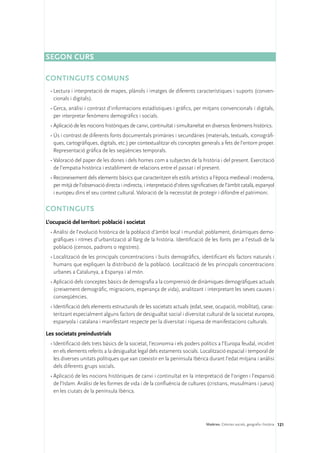 Segon curs

CONTINGUTS COMUNS
  •	Lectura i interpretació de mapes, plànols i imatges de diferents característiques i suports (conven-
    cionals i digitals).
  •	Cerca, anàlisi i contrast d’informacions estadístiques i gràfics, per mitjans convencionals i digitals,
    per interpretar fenòmens demogràfics i socials.
  •	Aplicació de les nocions històriques de canvi, continuïtat i simultaneïtat en diversos fenòmens històrics.
  •	Ús i contrast de diferents fonts documentals primàries i secundàries (materials, textuals, iconogràfi-
    ques, cartogràfiques, digitals, etc.) per contextualitzar els conceptes generals a fets de l’entorn proper.
    Representació gràfica de les seqüències temporals.
  •	Valoració del paper de les dones i dels homes com a subjectes de la història i del present. Exercitació
    de l’empatia històrica i establiment de relacions entre el passat i el present.
  •	Reconeixement dels elements bàsics que caracteritzen els estils artístics a l’època medieval i moderna,
    per mitjà de l’observació directa i indirecta, i interpretació d’obres significatives de l’àmbit català, espanyol
    i europeu dins el seu context cultural. Valoració de la necessitat de protegir i difondre el patrimoni.

CONTINGUTS
L’ocupació del territori: població i societat
  •	Anàlisi de l’evolució històrica de la població d’àmbit local i mundial: poblament, dinàmiques demo-
    gràfiques i ritmes d’urbanització al llarg de la història. Identificació de les fonts per a l’estudi de la
    població (censos, padrons o registres).
  •	Localització de les principals concentracions i buits demogràfics, identificant els factors naturals i
    humans que expliquen la distribució de la població. Localització de les principals concentracions
    urbanes a Catalunya, a Espanya i al món.
  •	Aplicació dels conceptes bàsics de demografia a la comprensió de dinàmiques demogràfiques actuals
    (creixement demogràfic, migracions, esperança de vida), analitzant i interpretant les seves causes i
    conseqüències.
  •	Identificació dels elements estructurals de les societats actuals (edat, sexe, ocupació, mobilitat), carac-
    teritzant especialment alguns factors de desigualtat social i diversitat cultural de la societat europea,
    espanyola i catalana i manifestant respecte per la diversitat i riquesa de manifestacions culturals.

Les societats preindustrials
  •	Identificació dels trets bàsics de la societat, l’economia i els poders polítics a l’Europa feudal, incidint
    en els elements referits a la desigualtat legal dels estaments socials. Localització espacial i temporal de
    les diverses unitats polítiques que van coexistir en la península Ibèrica durant l’edat mitjana i anàlisi
    dels diferents grups socials.
  •	Aplicació de les nocions històriques de canvi i continuïtat en la interpretació de l’origen i l’expansió
    de l’Islam. Anàlisi de les formes de vida i de la confluència de cultures (cristians, musulmans i jueus)
    en les ciutats de la península Ibèrica.




                                                                                  Matèries. Ciències socials, geografia i història 121
 