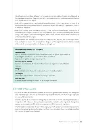 •	Identificació dels trets bàsics del procés de formació dels comtats catalans fins a la consolidació de la
   Corona catalanoaragonesa. Caracterització de les principals institucions catalanes, establint relacions
   amb algunes institucions actuals.
 •	Anàlisi dels canvis econòmics i polítics de la baixa edat mitjana, incidint especialment en l’auge de la
   vida urbana i del comerç i en els conflictes al món rural. Anàlisi del paper de l’Església en la cultura i
   la mentalitat medievals.
 •	Anàlisi de l’evolució social, política i econòmica a l’edat moderna, situant l’imperi hispànic dins el
   context europeu. Comparació de situacions històriques de l’època moderna, com l’ampliació del món
   conegut pels europeus o els conflictes religiosos, entre d’altres, amb fets de l’actualitat. Caracterització
   d’alguna civilització no europea.
 •	Reconeixement dels elements bàsics de l’evolució històrica de Catalunya dins la monarquia hispà-
   nica, analitzant les causes i les conseqüències d’alguns conflictes polítics i socials. Caracterització
   d’elements de canvi i continuïtat en la Catalunya del segle xviii.


  ConNEXIONS amb altres matèries
   Matemàtiques
 ·	Lectura, interpretació i elaboració de taules estadístiques i de gràfics, especialment en
   suport digital. Identificació i ús de nombres absoluts i relatius.
 ·	Representació gràfica de seqüències temporals.
   Educació visual i plàstica
 ·	Valoració de la necessitat de preservar i donar a conèixer el patrimoni cultural de les
   societats.
   Llengua
 ·	Producció de textos orals, escrits i audiovisuals usant el vocabulari adient.
   Tecnologies
 ·	Anàlisi de la interacció entre l’entorn, la tecnologia i la societat.
   Educació física
 ·	Habilitats de treball en equip i actitud de respecte per la diversitat.




CRITERIS D’AVALUACIÓ
 •	Localitzar les àrees de concentració (incloses les principals aglomeracions urbanes) i buit demogràfic
   en el món, Espanya i Catalunya, tot interpretant alguns dels factors naturals i humans que expliquen
   els desequilibris territorials.
 •	Analitzar algunes de les tendències demogràfiques dominants en el món actual a partir del càlcul i
   interpretació dels indicadors demogràfics bàsics (natalitat, mortalitat, saldo migratori), distingint les
   causes i les conseqüències dels fenòmens, especialment dels moviments migratoris.
 •	Analitzar els trets característics de la societat europea, espanyola i catalana, caracteritzant els elements
   de diversitat cultural i de desigualtat social, manifestant una actitud de rebuig envers les desigualtats
   i de compromís social envers l’equitat.




                                                                             Matèries. Ciències socials, geografia i història 122
 