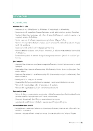 Segon curs

CONTINGUTS
Condició física i salut
  •	Realització de jocs d’escalfament, tot reconeixent els objectius que es persegueixen.
  •	Reconeixement de les qualitats físiques relacionades amb la salut: resistència aeròbica i flexibilitat.
  •	Realització d’activitats i de jocs per a la millora de la condició física, amb incidència especial en la
    resistència aeròbica i la flexibilitat.
  •	Control i valoració de la freqüència cardíaca com a indicador del grau d’esforç.
  •	Valoració de la importància d’adoptar una bona postura corporal en la pràctica de les activitats físiques
    i en la vida quotidiana.
  •	Reconeixement de la relació entre hidratació i activitat física.
  •	Valoració d’hàbits saludables com una bona alimentació, el descans i l’activitat física i identificació
    d’hàbits de risc.
  •	Coneixement i vivència de diferents tècniques de respiració i relaxació i aplicació en situacions quo-
    tidianes.

Jocs i esports
  •	Realització d’activitats i jocs per a l’aprenentatge dels fonaments tècnics i reglamentaris d’un esport
    individual.
  •	Pràctica d’activitats i jocs per a l’aprenentatge dels fonaments tècnics, tàctics i reglamentaris d’un
    esport col·lectiu.
  •	Realització d’activitats i jocs per a l’aprenentatge dels fonaments tècnics, tàctics i reglamentaris d’un
    esport d’adversari.
  •	Autocontrol en les situacions de contacte.
  •	Cooperació en les funcions atribuïdes en un equip per a la consecució d’objectius comuns.
  •	Valoració de l’esportivitat per sobre de la consecució de resultats.
  •	Valoració dels esports d’adversari com a fenomen social i cultural.

Expressió corporal
  •	Recerca de diferents maneres de comunicar-se, per mitjà del llenguatge corporal, utilitzant les diferents
    parts del cos alhora i separadament, amb i sense suport musical.
  •	Disposició favorable a la desinhibició en les activitats comunicatives.
  •	Acceptació de les diferències individuals i respecte davant l’execució dels altres.

Activitats en el medi natural
  •	Reconeixement i realització d’activitats en el medi natural com a activitats per a la millora de la con-
    dició física i la recreació.
  •	Respecte i valoració del medi natural com a espai idoni per a la realització d’activitats físiques.




                                                                                           Matèries. Educació física 136
 
