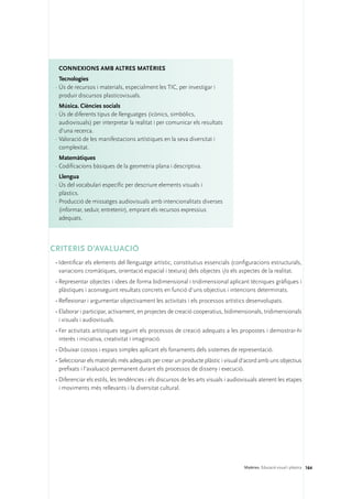 ConNEXIONS amb altres matèries
   Tecnologies
 ·	Ús de recursos i materials, especialment les TIC, per investigar i
   produir discursos plasticovisuals.
   Música. Ciències socials
 ·	Ús de diferents tipus de llenguatges (icònics, simbòlics,
   audiovisuals) per interpretar la realitat i per comunicar els resultats
   d’una recerca.
 ·	Valoració de les manifestacions artístiques en la seva diversitat i
   complexitat.
   Matemàtiques
 ·	Codificacions bàsiques de la geometria plana i descriptiva.
   Llengua
 ·	Ús del vocabulari específic per descriure elements visuals i
   plàstics.
 ·	Producció de missatges audiovisuals amb intencionalitats diverses
   (informar, seduir, entretenir), emprant els recursos expressius
   adequats.




CRITERIS D’AVALUACIÓ
 •	Identificar els elements del llenguatge artístic, constitutius essencials (configuracions estructurals,
   variacions cromàtiques, orientació espacial i textura) dels objectes i/o els aspectes de la realitat.
 •	Representar objectes i idees de forma bidimensional i tridimensional aplicant tècniques gràfiques i
   plàstiques i aconseguint resultats concrets en funció d’uns objectius i intencions determinats.
 •	Reflexionar i argumentar objectivament les activitats i els processos artístics desenvolupats.
 •	Elaborar i participar, activament, en projectes de creació cooperatius, bidimensionals, tridimensionals
   i visuals i audiovisuals.
 •	Fer activitats artístiques seguint els processos de creació adequats a les propostes i demostrar-hi
   interès i iniciativa, creativitat i imaginació.
 •	Dibuixar cossos i espais simples aplicant els fonaments dels sistemes de representació.
 •	Seleccionar els materials més adequats per crear un producte plàstic i visual d’acord amb uns objectius
   prefixats i l’avaluació permanent durant els processos de disseny i execució.
 •	Diferenciar els estils, les tendències i els discursos de les arts visuals i audiovisuals atenent les etapes
   i moviments més rellevants i la diversitat cultural.




                                                                                     Matèries. Educació visual i plàstica 164
 