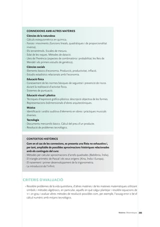 Connexions amb altres matèries
   Ciències de la naturalesa
 ·	Càlculs estequiomètrics en química.
 ·	Forces i moviments (funcions lineals, quadràtiques i de proporcionalitat
   inversa).
 ·	Els terratrèmols. Escales de mesura.
 ·	Edat de les roques. Mètodes de datació.
 ·	Lleis de l’herència (aspectes de combinatòria i probabilitat; les lleis de
   Mendel i els primers estudis de genètica).
   Ciències socials
 ·	Elements bàsics d’economia. Producció, productivitat, inflació.
 ·	Estudis estadístics relacionats amb l’economia.
   Educació física
 ·	Coneixement de les normes bàsiques de seguretat i prevenció de riscos
   durant la realització d’activitat física.
 ·	Sistemes de puntuació.
   Educació visual i plàstica
 ·	Tècniques d’expressió gràfico-plàstica: descripció objectiva de les formes.
 ·	Representacions bidimensionals d’obres arquitectòniques.
   Música
 ·	Identificació i anàlisi auditiva d’elements en obres i pràctiques musicals
   diverses.
   Tecnologia
 ·	Documents mercantils bàsics. Càlcul del preu d’un producte.
 ·	Resolució de problemes tecnològics.



  Contextos històrics
   Com en el cas de les connexions, es presenta una llista no exhaustiva i, 	
   per tant, ampliable de possibles aproximacions històriques relacionades
   amb els continguts del curs:
 ·	Mètodes per calcular aproximacions d’arrels quadrades (Babilònia, Índia).
 ·	El triangle aritmètic de Pascal i els seus orígens (Xina, Índia i Europa).
 ·	El naixement i primer desenvolupament de la trigonometria.
 ·	La introducció de l’infinit.



CRITERIS D’AVALUACIÓ
 •	Resoldre problemes de la vida quotidiana, d’altres matèries i de les mateixes matemàtiques utilitzant
   símbols i mètodes algebraics, en particular, aquells en què calgui plantejar i resoldre equacions de
   1r i 2n grau i avaluar altres mètodes de resolució possibles com, per exemple, l’assaig error o bé el
   càlcul numèric amb mitjans tecnològics.




                                                                                      Matèries. Matemàtiques 200
 