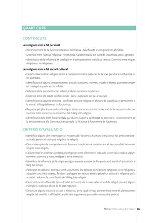 Quart curs

CONTINGUTS
Les religions com a fet personal
  •	Reconeixement de la funció explicativa, normativa i salvífica de les religions per als fidels.
  •	Distinció entre l’actitud religiosa i no religiosa. Caracterització del punt de vista teista, ateu i agnòstic.
  •	Identificació de la influència de la religió en el comportament individual i social. Distinció entre ètiques
    religioses i no religioses.

Les religions com a fet social i cultural
  •	Caracterització de les religions com a components de la cultura i de la seva presència i influència en
    les societats.
  •	Identificació d’alguns comportaments socials (costums, normes, rituals o festes) que tenen origen
    en la religió o que hi estan influïts.
  •	Valoració de la secularització i la laïcitat de les societats modernes.
  •	Distinció entre els estats confessionals i laics i explicació del cas espanyol.
  •	Identificació d’algunes tensions i conflictes de caire religiós en el marc de la política, el pensament o
    la moral, al llarg del temps i a l’actualitat.
  •	Respecte pel pluralisme cultural i religiós de les societats actuals i valoració de la necessitat de con-
    vivència entre creients i no creients i del diàleg interreligiós.
  •	Identificació dels drets fonamentals que donen suport a la llibertat de creences i reconeixement de
    la seva presència a la Constitució espanyola i a l’Estatut d’Autonomia de Catalunya.

CRITERIS D’AVALUACIÓ
  •	Identificar alguns dels interrogants i misteris de l’existència humana i relacionar-los amb creences i
    actituds personals de tipus religiós i no religiós.
  •	Cercar exemples de comportaments humans i explicar-los considerant el seu possible fonament
    religiós o no religiós.
  •	Caracteritzar les creences i pràctiques religioses com a fenòmens culturals universals i explicar alguns
    elements comuns a totes, malgrat la seva diversitat.
  •	Identificar la influència de la religió en algun aspecte concret de l’organització social a l’actualitat i al
    llarg del temps.
  •	Participar en debats i defensar amb arguments les pròpies conviccions religioses o no religioses,
    adoptant una visió oberta, flexible i dialogant en relació amb la pluralitat cultural i religiosa de la
    societat i valorant la contribució del diàleg interreligiós.
  •	Caracteritzar els diferents tipus d’estat en funció de la seva relació amb la religió, posant alguns
    exemples i explicant el cas de l’Estat espanyol.
  •	Descriure alguna situació, actual o històrica, en la qual hi hagi controvèrsia entre el plantejament
    religiós i el científic o el filosòfic, explicitant arguments que avalin una o altra posició.




                                                                                   Matèries. Història i cultura de les religions 234
 