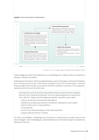 QUADRE 2 Fases d’ensenyament i d’aprenentatge


abStraCtE



                                                                                   3.	Estructuració	dels	coneixements
                                                                                   Integració dels nous coneixements a la xarxa existent
                                                                                   mitjançant explicacions i activitats estructurades.
                                                                                   S’estableixen noves conexions entre conceptes que
                   2.	Introducció	de	nous	continguts                               permeten elaborar idees més complexes i originals.

                   Fonamentació de nous coneixements com a més
                   útils de forma provocadora i participativa. Es tracta
                   que l’alumnat obtingui nova informació “significativa”
                   per afavorir la construcció de nou coneixement.
                   Es pot intentar qüestionar les idees prèvies provocant
                   el dubte per aconseguir un canvi conceptual o
                   aconseguir reestructurar el coneixement incorporant
                   nous elements.
                                                                                              4.	aplicació	del	coneixement
                                                                                              Transferència del coneixement après i aplicar-lo a
                                                                                              la resolució d’un problema o una situació pràctica
                   1.	Exploració	d’idees	prèvies                                              en diferents contextos.
                   Tracta d’evidenciar quines són les idees prèvies i                         Es consoliden els nous aprenentatges i es reconeix
                   descobrir les estructures d’acolliment a partir de                         la seva utilitat.
                   les quals es podran introduir nous coneixements.
                   També permet explicitar i negociar els objectius
                   d’aprenentatge perquè l’alumnat se’l representi.


COnCrEt

          SImPLE                                                                                                                                    COmPLEX


                                                                 Font: Jorba, J. i Caselles, E. (1996) La regulació i autoregulació dels aprenentatges. ICE-UAB.



L’aprenentatge per resolució de problemes és una metodologia per a l’adquisició de les competències
bàsiques a l’educació secundària.

El plantejament de qüestions de forma problematitzada, a partir d’interrogants o formulació d’hipòtesis
que cal comprovar, pot ser per a l’alumnat de secundària, com ja s’ha comentat abans, una forma
d’aprenentatge més estimulant ja que permet identificar problemes, aprendre a fer-se preguntes,
representar-se com haurien de ser les coses…

        L’ensenyament a partir de la resolució de problemes facilita la comprensió de la complexitat
        del nostre món a través del coneixement, així com el desenvolupament d’un pensament
        crític i alternatiu i l’adquisició d’estratègies per aprendre a aprendre, ja que suposa:
            ·	informar-se sobre les característiques del problema,
            ·	identificar les variables que intervenen i les diferents interpretacions que hi poden
              haver en relació amb un mateix problema,
            ·	fer-se preguntes,
            ·	construir una interpretació pròpia a la llum del coneixement,
            ·	proposar solucions diverses i creatives.

En síntesi, les estratègies i metodologies que remarquem en aquest apartat es poden preveure amb
altres estratègies i eines metodològiques a l’abast del professorat a fi de desenvolupar les competències
bàsiques de l’alumnat.




                                                                                                                               Desplegament del currículum 247
 