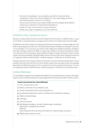 ·	Prioritzar les metodologies i recursos didàctics que facilitin l’assoliment de les
           competències i afavorir que l’alumnat progressi en el seu aprenentatge, atenent la
           diversitat de capacitats, motivacions i interessos.
         ·	Consensuar les connexions que es poden establir entre els continguts de les diferents
           matèries que s’imparteixen simultàniament al llarg del curs.
         ·	Establir els criteris, els instruments i els tipus d’avaluació.
         ·	Establir, quan calgui, les adaptacions curriculars pertinents.


Treball de síntesi i projecte de recerca
Atès que en cadascun dels tres primers cursos de l’etapa l’alumnat ha de fer un treball de síntesi, i a quart
curs ha de fer un projecte de recerca, la programació ha de tenir en compte tots dos tipus de treballs.

El treball de síntesi està format per una seqüenciació d’activitats d’ensenyament i d’aprenentatge que s’han
de fer en equip. Aquestes activitats s’han concebut per desenvolupar competències complexes i comprovar
si s’ha aconseguit, i fins a quin punt, que l’alumnat hagi integrat les competències bàsiques, assolides a
partir dels continguts tractats en les diferents matèries, per a l’aplicació i la resolució de qüestions i proble-
mes relacionats amb la vida pràctica. Aquest treball ha d’integrar continguts de diverses matèries i admet
diverses concrecions temporals. Al llarg del treball, l’alumne o alumna ha de mostrar capacitat d’autonomia
en l’organització del seu treball individual, i també de cooperació i col·laboració en el treball en equip.

El projecte de recerca, fet en equip, ha d’estar constituït per un conjunt d’activitats de descoberta i recerca
portades a terme per l’alumnat entorn d’un tema escollit i acotat, en part, per aquest mateix, sota el guiatge
del professorat. Al llarg del projecte, l’alumne o alumna ha de mostrar capacitat d’autonomia i iniciativa
en l’organització del seu treball individual, i també de cooperació i col·laboració en el treball en equip.

Unitats didàctiques
Un cop establerta la programació, els departaments didàctics han de prendre decisions sobre les unitats didàc-
tiques en què es concreta l’ensenyament i aprenentatge de l’alumnat de cada una de les matèries o àmbits.

       Esquema per presentar les unitats didàctiques
       1.	 Títol i justificació de la unitat.
       2.	 Matèria o àmbit des d’on es treballa la unitat.
       3.	 Durada i temporalització de la unitat al llarg del curs.
       4.	 Competències pròpies de la matèria i contribució a les competències bàsiques.
       5.	 Objectius d’aprenentatge.
       6.	 Continguts.
       7.	 Criteris d’avaluació.
       8.	 Metodologia (estratègies i activitats d’aprenentatge i d’avaluació).
         ·	Organització i tipologia de les activitats.
         ·	Materials.
         ·	Desenvolupament de les activitats d’ensenyament i d’aprenentatge i d’avaluació.
       9.	 Reflexió sobre la pràctica a l’aula.



                                                                                           Desplegament del currículum 251
 