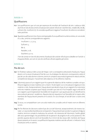 Article 11
Qualificacions
11.1	 Les qualificacions que cal usar per expressar els resultats de l’avaluació de tots i cadascun dels
      alumnes en tots els documents d’avaluació de caràcter oficial són: excel·lent (E), notable (N), bé (B),
      suficient (S), insuficient (I). Es considera qualificació negativa l’insuficient; les altres es consideren
      totes positives.

11.2	 Aquestes qualificacions han d’anar acompanyades d’una qualificació numèrica entera, en una escala
      d’u a deu, amb les correspondències següents:
           Insuficient: 1, 2, 3 o 4,
           Suficient: 5,
           Bé: 6,
           Notable: 7 o 8,
           Excel·lent: 9 o 10,
	    i han de constar en tots els documents d’avaluació de caràcter oficial que es detallen en l’article 17
     d’aquesta Ordre, així com en tots els certificats oficials expedits pel centre.

Article 12
Pas de curs
12.1	 En finalitzar cadascun dels cursos de l’etapa i com a conseqüència del procés d’avaluació, l’equip
      docent, en la sessió d’avaluació final de curs, ha d’adoptar les decisions corresponents sobre el
      pas de curs de cada alumne o alumna, tenint en compte la seva evolució general en relació amb les
      competències bàsiques i l’assoliment dels objectius en les diferents matèries.

12.2	 L’alumne/a passa al curs següent quan ha superat els objectius de les matèries cursades o té qua-
      lificació negativa en dues matèries com a màxim. Ha de repetir curs si té avaluació negativa en tres
      matèries o més. Excepcionalment, l’equip docent pot decidir el pas al curs següent d’un alumne/a
      amb tres matèries suspeses quan l’equip consideri que això no li ha d’impedir seguir amb èxit el
      curs següent, que té expectatives favorables de recuperació i que aquest pas de curs beneficiarà la
      seva evolució personal i acadèmica. Aquesta decisió requereix el vot favorable de la majoria dels
      membres de l’equip docent presents en la sessió. En cas d’empat, el vot del tutor o tutora serà
      diriment.

12.3	 Si escau, es comptabilitzen com una sola matèria les cursades amb el mateix nom en diferents
      cursos.

12.4	 Per fer efectives les decisions sobre el pas de curs de l’alumnat, excepcionalment, de manera rao-
      nada i un cop escoltat el professorat corresponent, l’equip docent pot acordar la superació d’alguna
      matèria, tenint en compte la maduresa, les actituds i els interessos de l’alumne/a, l’anàlisi global
      dels seus aprenentatges i les possibilitats de recuperació i de progrés en els cursos posteriors. Per
      prendre aquesta decisió cal el vot favorable d’un mínim de dos terços dels membres de l’equip
      docent presents en la sessió. La qualificació d’aquestes matèries serà de suficient i s’indicarà a l’acta
      d’avaluació amb un asterisc.



                                                                                                         Annexos 280
 