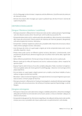 •	Ús d’un llenguatge no discriminatori i respectuós amb les diferències. Ús de fórmules de cortesia en
   els intercanvis socials.
 •	Actitud crítica davant dels missatges que suposin qualsevol tipus de discriminació i voluntat de
   superar els prejudicis.


CRITERIS D’AVALUACIÓ

Llengua i literatura (catalana i castellana)
 •	Participar activament i reflexivament en interaccions orals, escrites i audiovisuals per a l’aprenentatge
   i per a les relacions socials, dintre i fora de l’aula i amb l’ús dels recursos de les TIC.
 •	Comprendre textos (orals, escrits i audiovisuals) de la vida acadèmica i altres situacions comunicatives,
   dels mitjans de comunicació i literaris pròxims als interessos de l’alumnat (propòsit, idea general),
   amb atenció especial als narratius i descriptius.
 •	Comprendre i sintetitzar seqüències audiovisuals, procedents dels mitjans de comunicació, relacio-
   nades amb les tipologies narrativa i descriptiva.
 •	Usar tècniques de síntesi, en suport paper o digital, per tal de comprendre textos orals i escrits:
   subratllat, esquemes i resum.
 •	Produir textos (orals, escrits i en diferents suports) narratius, descriptius i conversacionals, usant
   procediments de planificació, elements lingüístics per a la cohesió interna de les idees, registre ade-
   quat i revisió.
 •	Aplicar diferents procediments i formats per enriquir els textos orals, escrits o audiovisuals.
 •	Mostrar interès per la millora de l’expressió oral, escrita i audiovisual pròpia i aliena i respectar les
   opinions d’altri.
 •	Exposar l’opinió sobre la lectura d’una obra completa adequada a l’edat; reconèixer-ne el gènere i
   l’estructura global; valorar de manera general l’ús del llenguatge, i relacionar-ne el contingut amb la
   pròpia experiència.
 •	Escriure textos, en suport paper o digital, prenent com a model un text literari treballat a l’aula o
   realitzar-ne alguna transformació senzilla.
 •	Reconèixer i valorar la diversitat lingüística, amb especial atenció a la situació lingüística que es pro-
   dueix al centre i a l’entorn proper de l’alumnat.
 •	Participar activament i reflexivament en l’avaluació (autoregulació, coavaluació) del propi aprenentatge
   i el dels altres amb una actitud activa i de confiança en la pròpia capacitat d’aprenentatge i ús de les
   llengües.

Llengües estrangeres
 •	Participar en interaccions orals sobre temes coneguts o treballats prèviament, utilitzant les estratègies
   adequades per facilitar la continuïtat de la comunicació i produir un discurs entenedor i adequat a la
   intenció comunicativa.
 •	Comprendre la idea general i les informacions específiques més rellevants de documents orals senzills,
   emesos cara a cara, o procedents de mitjans audiovisuals si es parla lentament i amb claredat.




                                                                                        Matèries. Àmbit de llengües 49
 