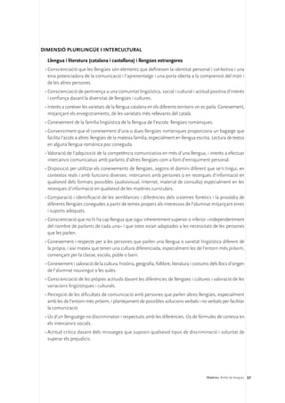 DIMENSIÓ PLURILINGÜE I INTERCULTURAL

  Llengua i literatura (catalana i castellana) i llengües estrangeres
 •	Conscienciació que les llengües són elements que defineixen la identitat personal i col·lectiva i una
   eina potenciadora de la comunicació i l’aprenentatge i una porta oberta a la comprensió del món i
   de les altres persones.
 •	Conscienciació de pertinença a una comunitat lingüística, social i cultural i actitud positiva d’interès
   i confiança davant la diversitat de llengües i cultures.
 •	Interès a conèixer les varietats de la llengua catalana en els diferents territoris on es parla. Coneixement,
   mitjançant els enregistraments, de les varietats més rellevants del català.
 •	Coneixement de la família lingüística de la llengua de l’escola: llengües romàniques.
 •	Convenciment que el coneixement d’una o dues llengües romàniques proporciona un bagatge que
   facilita l’accés a altres llengües de la mateixa família, especialment en llengua escrita. Lectura de textos
   en alguna llengua romànica poc coneguda.
 •	Valoració de l’adquisició de la competència comunicativa en més d’una llengua, i interès a efectuar
   intercanvis comunicatius amb parlants d’altres llengües com a font d’enriquiment personal.
 •	Disposició per utilitzar els coneixements de llengües, segons el domini diferent que se’n tingui, en
   contextos reals i amb funcions diverses: intercanvis amb persones o en recerques d’informació en
   qualsevol dels formats possibles (audiovisual, Internet, material de consulta) especialment en les
   recerques d’informació en qualsevol de les matèries curriculars.
 •	Comparació i identificació de les semblances i diferències dels sistemes fonètics i la prosòdia de
   diferents llengües conegudes a partir de temes propers als interessos de l’alumnat mitjançant eines
   i suports adequats.
 •	Conscienciació que no hi ha cap llengua que sigui inherentment superior o inferior –independentment
   del nombre de parlants de cada una– i que totes estan adaptades a les necessitats de les persones
   que les parlen.
 •	Coneixement i respecte per a les persones que parlen una llengua o varietat lingüística diferent de
   la pròpia, i així mateix que tenen una cultura diferenciada, especialment les de l’entorn més pròxim,
   començant per la classe, escola, poble o barri.
 •	Coneixement i valoració de la cultura, història, geografia, folklore, literatura i costums dels llocs d’origen
   de l’alumnat nouvingut a les aules.
 •	Conscienciació de les pròpies actituds davant les diferències de llengües i cultures i valoració de les
   variacions lingüístiques i culturals.
 •	Percepció de les dificultats de comunicació amb persones que parlen altres llengües, especialment
   amb les de l’entorn més pròxim, i plantejament de possibles solucions verbals i no verbals per facilitar
   la comunicació.
 •	Ús d’un llenguatge no discriminatori i respectuós amb les diferències. Ús de fórmules de cortesia en
   els intercanvis socials.
 •	Actitud crítica davant dels missatges que suposin qualsevol tipus de discriminació i voluntat de
   superar els prejudicis.




                                                                                           Matèries. Àmbit de llengües 57
 