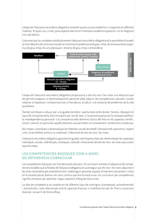 L’etapa de l’educació secundària obligatòria comprèn quatre cursos acadèmics i s’organitza en diferents
matèries. El quart curs, a més, posa especial atenció en l’orientació acadèmica posterior i en la integració
a la vida laboral.

L’alumnat que ha completat satisfactòriament l’educació secundària obligatòria té la possibilitat d’accedir
al món laboral o bé continuar estudis en la formació professional de grau mitjà, els ensenyaments espor-
tius de grau mitjà, les arts plàstiques i disseny de grau mitjà o el batxillerat.

                                                   Cicles	formatius	de	grau	mitjà	
            batxillerat                          professionals,	artístics	i	d’esports




                                                                                                                              món	LabOraL
                                                                                    Prova	d’accés

                                                                             Programes	de	qualificació	
                                     Graduat
                                                                                professional	inicial

                          Educació	secundària	obligatòria
                                   12•–•16	anys

                                Educació	primària
                                   6•–•12	anys


L’etapa de l’educació secundària obligatòria proporciona a tots els nois i les noies una educació que
els permet assegurar un desenvolupament personal sòlid, adquirir les competències culturals i socials
relatives a l’expressió i comprensió oral, a l’escriptura, al càlcul i a la resolució de problemes de la vida
quotidiana.

També contribueix a educar per a la igualtat de drets i oportunitats entre dones i homes, rebutjant tot
tipus de comportaments discriminatoris per raó de sexe, a l’autonomia personal, la coresponsabilitat i
la interdependència personal i a la comprensió dels elements bàsics del món en els aspectes científic,
social i cultural, en particular aquells elements que permeten un coneixement i arrelament a Catalunya.

Així mateix, contribueix a desenvolupar les habilitats socials de treball i d’estudi amb autonomia i esperit
crític, la sensibilitat artística, la creativitat i l’afectivitat de tots els nois i les noies.

L’educació secundària obligatòria garanteix la igualtat real d’oportunitats per desenvolupar les capacitats
individuals, socials, intel·lectuals, artístiques, culturals i emocionals de tots els nois i les noies que cursen
aquesta etapa.

Les competències bàsiques com a marc
de referència curricular
Les competències bàsiques són l’eix del procés educatiu. El currículum orientat a l’adquisició de compe-
tències estableix que la finalitat de l’educació obligatòria és aconseguir que els nois i les noies adquireixin
les eines necessàries per entendre el món i esdevinguin persones capaces d’intervenir activament i crítica
en la societat plural, diversa i en canvi continu que ens ha tocat viure. Un currículum per competències
significa ensenyar per aprendre i seguir aprenent al llarg de tota la vida.

La idea de competència se sustenta en els diferents tipus de continguts (conceptuals, procedimentals
i actitudinals) i està relacionada amb la capacitat d’activar o mobilitzar-los per fer front a situacions
diverses i actuar-hi de forma eficaç.




                                                              Consideracions generals sobre l’etapa d’educació secundària obligatòria 6
 