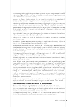 •	Presentació ordenada i clara d’informacions elaborades en les activitats acadèmiques amb l’ús dels
  mitjans i tecnologies de la informació i la comunicació, amb atenció especial al llenguatge audiovisual
  que cal utilitzar per a una comunicació eficaç.
•	Lectura en veu alta amb dicció, entonació i ritme correctes (interpretant els signes de puntuació de
  forma apropiada), tot incidint en el posicionament del lector/a respecte del text llegit.
•	Procediment de planificació per aconseguir coherència en les relacions internes i externes dels continguts
  de textos orals, escrits i audiovisuals: documentació, pluja d’idees i la seva selecció i ordenació.
•	Utilització autònoma de la biblioteca-mediateca del centre, així com de les tecnologies de la informació
  i la comunicació com a font d’informació i de models per a la realització dels treballs escrits propis
  de cada matèria curricular.
•	Creació i utilització d’esquemes i mapes conceptuals en format digital, com a suport en les exposicions
  orals, per tal de ser projectats amb mitjans audiovisuals.
•	Procediment de textualització i revisió per aconseguir coherència dels continguts de textos orals,
  escrits i audiovisuals.
•	Coneixement i aplicació dels diferents registres lingüístics en relació amb els diferents àmbits d’ús.
  Distinció entre el registre col·loquial, estàndard, acadèmic i culte.
•	Ús dels elements lingüístics i discursius essencials per a la cohesió interna de les idees dins dels
  textos orals, escrits o audiovisuals: connectors textuals, tractament de les formes verbals i adequació
  del registre dels textos orals, escrits o audiovisuals a les funcions comunicatives, en especial a les de
  les activitats acadèmiques.
•	Ús de la puntuació del text escrit en relació amb l’organització oracional i amb la forma del text (els
  paràgrafs i la distribució i ordenació de les idees expressades).
•	Elaboració i organització del missatge audiovisual: combinació del text i de les paraules amb els altres
  recursos visuals, icònics i sonors.
•	Ús dels elements formals en els treballs: les citacions bibliogràfiques i d’altres fonts d’informació; l’índex i
  la paginació; les referències intertextuals i intratextuals; les notes al peu de pàgina; l’organització dels títols,
  els capítols i els apartats, i la presentació escrita dels resultats: polidesa, correcció, els marges, portada.
•	Ús de tècniques digitals de tractament textual: processadors de textos per a l’organització dels apartats i
  continguts: esquemes numèric, sinòptic i claus; programes de presentació, programes de tractament de
  la imatge per a la utilització eficaç dels gràfics específics de cada matèria curricular i les il·lustracions.
•	Interès per la bona presentació dels textos orals, respectant les normes gramaticals, ortogràfiques,
  tipogràfiques i dels elements icònics utilitzats, i amb l’ús dels elements icònics que complementin i
  donin suport a la informació verbal.
•	Interès per la bona presentació dels textos escrits i audiovisuals, tant en suport paper com digital,
  respectant les normes gramaticals, ortogràfiques, tipogràfiques i dels elements icònics utilitzats.

 Coneixements del funcionament de la llengua i del seu aprenentatge
•	Identificació i ús d’elements lingüístics bàsics i habituals en la comunicació oral i escrita.
•	Reconeixement progressiu i producció de les peculiaritats fonètiques de cada llengua i dels patrons
  bàsics de ritme, entonació i accentuació de paraules i enunciats.
•	Identificació d’expressions comunes, de frases fetes i de lèxic apropiat a contextos concrets i quoti-
  dians en l’àmbit educatiu i personal i a continguts d’altres matèries del currículum.



                                                                                               Matèries. Àmbit de llengües 62
 