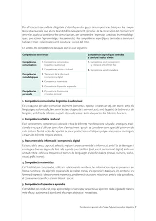Per a l’educació secundària obligatòria s’identifiquen dos grups de competències bàsiques: les compe-
tències transversals, que són la base del desenvolupament personal i de la construcció del coneixement
(entre les quals cal considerar les comunicatives, per comprendre i expressar la realitat, les metodològi-
ques, que activen l’aprenentatge, i les personals) i les competències específiques, centrades a conviure i
habitar el món i relacionades amb la cultura i la visió del món.

En síntesi, les competències bàsiques són les vuit següents:

Competències transversals                                            Competències específiques centrades
                                                                     a conviure i habitar el món
Competències 	     1.	 Competència comunicativa                      7.	 Competència en el coneixement i
comunicatives          lingüística i audiovisual                         la interacció amb el món físic
                   2.	 Competències artística i cultural             8.	 Competència social i ciutadana
Competències 	     3.	 Tractament de la informació
metodològiques         i competència digital
                   4.	 Competència matemàtica

                   5.	 Competència d’aprendre a aprendre

Competències 	     6.	 Competència d’autonomia
personals              i iniciativa personal


1.	Competència comunicativa lingüística i audiovisual
És la capacitat de saber comunicar oralment (conversar, escoltar i expressar-se), per escrit i amb els
llenguatges audiovisuals, fent servir les tecnologies de la comunicació, amb la gestió de la diversitat de
llengües, amb l’ús de diferents suports i tipus de textos i amb adequació a les diferents funcions.

2.	Competència artística i cultural
És el coneixement, comprensió i valoració crítica de diferents manifestacions culturals i artístiques, tradi-
cionals o no, que s’utilitzen com a font d’enriquiment i gaudi i es consideren com a part del patrimoni de
cada cultura. També inclou la capacitat de crear produccions artístiques pròpies o expressar continguts
a través de diferents mitjans artístics.

3.	Tractament de la informació i competència digital
Es tracta de la cerca, captació, selecció, registre i processament de la informació, amb l’ús de tècniques i
estratègies diverses segons la font i els suports que s’utilitzin (oral, escrit, audiovisual, digital) amb una
actitud crítica i reflexiva. Requereix el domini de llenguatges específics bàsics (textual, numèric, icònic,
visual, gràfic i sonor).

4.	Competència matemàtica
És l’habilitat per comprendre, utilitzar i relacionar els nombres, les informacions que es presenten en
forma numèrica i els aspectes espacials de la realitat. Inclou les operacions bàsiques, els símbols i les
formes d’expressió i de raonament matemàtic, problemes i situacions relacionats amb la vida quotidiana,
el coneixement científic i el món laboral i social.

5.	Competència d’aprendre a aprendre
És l’habilitat per conduir el propi aprenentatge i ésser capaç de continuar aprenent cada vegada de manera
més eficaç i autònoma d’acord amb els propis objectius i necessitats.




                                                           Consideracions generals sobre l’etapa d’educació secundària obligatòria 7
 