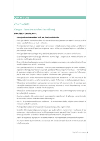 Quart curs

CONTINGUTS

Llengua i literatura (catalana i castellana)
DIMENSIÓ COMUNICATIVA 

  Participació en interaccions orals, escrites i audiovisuals
 •	Participació en les interaccions orals, escrites i audiovisuals que tenen com a eix la construcció de la
   relació social a l’interior de l’aula i del centre.
 •	Participació en activitats de relació social i comunicació amb altres comunitats escolars, amb l’entorn
   immediat al centre i amb la societat en general (cartes al director, notícies a la premsa, ràdio local o
   per al web del centre).
 •	Participació en interaccions per mitjà del correu electrònic i entorns virtuals de comunicació.
 •	Ús d’estratègies comunicatives per reformular els missatges i adaptar-se als interlocutors/ores en
   contextos multilingües d’interacció.
 •	Detecció de les dificultats de comunicació i ús d’estratègies comunicatives de resolució dels conflictes
   amb l’ús de recursos verbals i no verbals.
 •	Participació activa i crítica en converses i situacions comunicatives orals pròpies de l’àmbit acadèmic,
   especialment en aquelles necessàries per a la gestió (planificació, seguiment avaluació i informe final)
   de les tasques pròpies de les diferents matèries curriculars, per a la recerca i exposició d’informació,
   per als intercanvis d’opinió i l’exposició de les conclusions i dels aprenentatges.
 •	Participació activa en les interaccions escrites i audiovisuals (sobretot en l’ús dels recursos de les
   TIC) que són necessàries per a la recerca i comunicació d’informació en les tasques acadèmiques.
 •	Valoració de la interacció com a eina per prendre consciència dels coneixements i de les idees, i per
   a la regulació dels processos de comprensió i expressió propis de tot procés d’aprenentatge tant en
   activitats individuals com en les del treball cooperatiu.
 •	Valoració de la interacció com a eina per prendre consciència dels sentiments propis i aliens i per a
   la regulació de la conducta.
 •	Coneixement de les diferències entre els usos orals informals i formals de la llengua i consciència de
   les situacions comunicatives en què resulten adequats.
 •	Pràctica de procediments bàsics d’assertivitat i de manteniment de les pròpies conviccions en la
   interacció amb altres parlants.
 •	Participació en debats de temes acadèmics o escolars pautats i reglamentats.
 •	Ús de les diferents estratègies comunicatives que ajuden a l’inici, manteniment i finalització de les
   interaccions i desenvolupament de les dificultats de comunicació amb l’ús d’elements verbals i no
   verbals que faciliten la realització de les interaccions necessàries per aprendre.
 •	Actitud de cooperació i respecte crític envers les diferències d’opinió en les situacions de treball cooperatiu.
 •	Assumpció de les responsabilitats i coavaluació dels processos i dels resultats en les situacions de
   treball cooperatiu.




                                                                                               Matèries. Àmbit de llengües 70
 