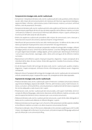 Comprensió de missatges orals, escrits i audiovisuals
•	Comprensió i interpretació de textos orals, escrits i audiovisuals de la vida quotidiana, de les relacions
  socials i dels mitjans de comunicació pròxims als interessos de l’alumnat: argumentació ideològica,
  exposició d’idees i informes, i administratius (carta a l’administració, instància, currículum, sol·licitud
  de feina, carta de presentació, formulari).
•	Comprensió de textos orals, escrits i audiovisuals de la vida acadèmica de l’alumnat, amb atenció a les
  característiques específiques de tots els tipus de textos específics de les diferents matèries curriculars
  i amb atenció a l’obtenció i comunicació d’informació dels diferents mitjans i suports utilitzats per a
  la construcció del saber propi de cada disciplina.
•	Anàlisi de seqüències audiovisuals procedents dels mitjans de comunicació, com a base per a
  l’exercitació de situacions de conversa, expressió d’opinió i d’argumentació.
•	Identificació del posicionament de les tesis dels interlocutors/ores i la defensa de les idees en els
  textos que expressen el perquè de les coses o el raonament i les argumentacions.
•	Cerca d’informació i hàbits de consulta per comprendre i ampliar el contingut dels missatges, utilitzant
  estratègies prèvies a la cerca i amb el recurs de fonts diverses: 1) escrites: bibliografia especialitzada, 2)
  en suport digital: bases de dades i catàlegs digitals, 3) fonts audiovisuals i electròniques d’informació
  i comunicació: documentals, reportatges, webs i altres amb continguts de les diferents matèries
  curriculars.
•	Representació amb diferents suports mitjançant esquemes, diagrames i mapes conceptuals de la
  interrelació de les idees i els seus matisos. Síntesi dels arguments i resultats d’una conversa, col·loqui,
  entrevista o debat.
•	Ús de tècniques d’anàlisi del contingut de textos orals, escrits i audiovisuals: quadres sinòptics,
  diagrames i mapes conceptuals. Utilització d’eines informàtiques per elaborar xarxes i diagrames
  conceptuals.
•	Valoració crítica en l’acceptació del contingut de missatges orals, escrits i audiovisuals, tot contrastant-la
  amb els coneixements propis i sospesant les causes i les conseqüències de les idees exposades.

 Expressió de missatges orals, escrits i audiovisuals
•	Producció de textos orals, escrits i audiovisuals a partir d’intencions i contextos comunicatius diversos:
  argumentació ideològica, exposició de treballs i informes, administratius (carta a l’administració, ins-
  tància, currículum, sol·licitud de feina, carta de presentació, emplenament de formularis) respectant
  les normes adequades a cada situació, text i suport.
•	Presentacions orals, escrites i audiovisuals ben estructurades, amb suport multimèdia, tenint en
  compte els diferents llenguatges, sobre temes relacionats amb les diferents matèries curriculars, amb
  atenció especial als elements icònics necessaris per a una correcta comunicació.
•	Elaboració de textos orals, escrits o audiovisuals ben estructurats, a partir de les idees obtingudes en
  textos escrits o audiovisuals elaborats en diferents llengües i suports.
•	Elaboració de textos escrits que tinguin com a funció la millor presentació oral dels aspectes treballats
  en les diferents matèries curriculars o en altres situacions comunicatives formals.
•	Presentació ordenada i clara d’informacions elaborades en les activitats acadèmiques amb l’ús dels
  mitjans i tecnologies de la informació i la comunicació, amb atenció especial al llenguatge audiovisual
  que cal utilitzar per a una comunicació eficaç.




                                                                                          Matèries. Àmbit de llengües 71
 