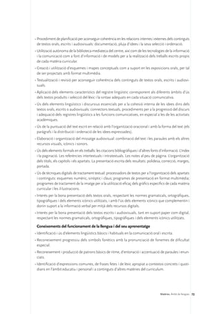 •	Procediment de planificació per aconseguir coherència en les relacions internes i externes dels continguts
  de textos orals, escrits i audiovisuals: documentació, pluja d’idees i la seva selecció i ordenació.
•	Utilització autònoma de la biblioteca-mediateca del centre, així com de les tecnologies de la informació
  i la comunicació com a font d’informació i de models per a la realització dels treballs escrits propis
  de cada matèria curricular.
•	Creació i utilització d’esquemes i mapes conceptuals com a suport en les exposicions orals, per tal
  de ser projectats amb format multimèdia.
•	Textualització i revisió per aconseguir coherència dels continguts de textos orals, escrits i audiovi-
  suals.
•	Aplicació dels elements característics del registre lingüístic corresponent als diferents àmbits d’ús
  dels textos produïts i selecció del lèxic i la sintaxi adequats en cada situació comunicativa.
•	Ús dels elements lingüístics i discursius essencials per a la cohesió interna de les idees dins dels
  textos orals, escrits o audiovisuals: connectors textuals, procediments per a la progressió del discurs
  i adequació dels registres lingüístics a les funcions comunicatives, en especial a les de les activitats
  acadèmiques.
•	Ús de la puntuació del text escrit en relació amb l’organització oracional i amb la forma del text (els
  paràgrafs i la distribució i ordenació de les idees expressades).
•	Elaboració i organització del missatge audiovisual: combinació del text i les paraules amb els altres
  recursos visuals, icònics i sonors.
•	Ús dels elements formals en els treballs: les citacions bibliogràfiques i d’altres fonts d’informació. L’índex
  i la paginació. Les referències intertextuals i intratextuals. Les notes al peu de pàgina. L’organització
  dels títols, els capítols i els apartats. La presentació escrita dels resultats: polidesa, correcció, marges,
  portada.
•	Ús de tècniques digitals de tractament textual: processadors de textos per a l’organització dels apartats
  i continguts: esquemes numèric, sinòptic i claus; programes de presentació en format multimèdia;
  programes de tractament de la imatge per a la utilització eficaç dels gràfics específics de cada matèria
  curricular i les il·lustracions.
•	Interès per la bona presentació dels textos orals, respectant les normes gramaticals, ortogràfiques,
  tipogràfiques i dels elements icònics utilitzats, i amb l’ús dels elements icònics que complementin i
  donin suport a la informació verbal per mitjà dels recursos digitals.
•	Interès per la bona presentació dels textos escrits i audiovisuals, tant en suport paper com digital,
  respectant les normes gramaticals, ortogràfiques, tipogràfiques i dels elements icònics utilitzats.

 Coneixements del funcionament de la llengua i del seu aprenentatge
•	Identificació i ús d’elements lingüístics bàsics i habituals en la comunicació oral i escrita.
•	Reconeixement progressiu dels símbols fonètics amb la pronunciació de fonemes de dificultat
  especial.
•	Reconeixement i producció de patrons bàsics de ritme, d’entonació i accentuació de paraules i enun-
  ciats.
•	Identificació d’expressions comunes, de frases fetes i de lèxic apropiat a contextos concrets i quoti-
  dians en l’àmbit educatiu i personal i a continguts d’altres matèries del currículum.




                                                                                          Matèries. Àmbit de llengües 72
 