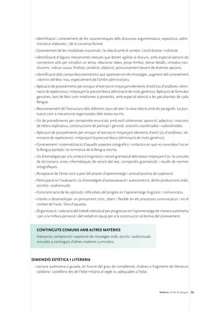 •	Identificació i coneixement de les característiques dels discursos argumentatius, expositius, admi-
   nistratius elaborats, i de la conversa formal.
 •	Coneixement de les modalitats oracionals i la relació amb el context. L’estil directe i indirecte.
 •	Identificació d’alguns mecanismes textuals que donen agilitat al discurs, amb especial atenció als
   connectors útils per introduir un tema, relacionar idees, posar èmfasi, donar detalls, introduir con-
   clusions, indicar causa, finalitat, condició, objecció, posicionament davant de diverses opcions.
 •	Identificació dels camps lexicosemàntics que apareixen en els missatges, augment del coneixement
   i domini del lèxic nou, especialment de l’àmbit administratiu.
 •	Aplicació de procediments per enriquir el text escrit mitjançant elements d’estil (ús d’anàfores i elimi-
   nació de repeticions) i mitjançant la precisió lèxica (eliminació de mots genèrics). Aplicació de fórmules
   genuïnes, tant de lèxic com modismes o proverbis, amb especial atenció a les peculiaritats de cada
   llengua.
 •	Reconeixement de l’estructura dels diferents tipus de text i la seva relació amb els paràgrafs. La pun-
   tuació com a mecanisme organitzador dels textos escrits.
 •	Ús de procediments per compondre enunciats amb estil cohesionat: aposició, adjectius i oracions
   de relatiu explicatius, construccions de participi i gerundi, oracions coordinades i subordinades.
 •	Aplicació de procediments per enriquir el text escrit mitjançant elements d’estil (ús d’anàfores i eli-
   minació de repeticions) i mitjançant la precisió lèxica (eliminació de mots genèrics).
 •	Coneixement i sistematització d’aquells aspectes ortogràfics i sintàctics en què no coincideix l’ús en
   la llengua parlada i la normativa de la llengua escrita.
 •	Ús d’estratègies per a la correcció lingüística i revisió gramatical dels textos mitjançant l’ús i la consulta
   de diccionaris, eines informàtiques de revisió del text, compendis gramaticals i reculls de normes
   ortogràfiques.
 •	Acceptació de l’error com a part del procés d’aprenentatge i actitud positiva de superació.
 •	Participació en l’avaluació i ús d’estratègies d’autoavaluació i autocorrecció, de les produccions orals,
   escrites i audiovisuals.
 •	Conscienciació de les aptituds i dificultats del progrés en l’aprenentatge lingüístic i comunicatiu.
 •	Interès a desenvolupar un pensament crític, obert i flexible en els processos comunicatius i en el
   context de l’aula i fora d’aquesta.
 •	Organització i valoració del treball individual per progressar en l’aprenentatge de manera autònoma
   i per a la millora personal i del treball en equip per a la construcció col·lectiva del coneixement.


  Continguts comuns amb altres matèries
 ·	Interacció, comprensió i expressió de missatges orals, escrits i audiovisuals
   vinculats a continguts d’altres matèries curriculars.



DIMENSIÓ ESTÈTICA I LITERÀRIA 
 •	Lectura autònoma o guiada, en funció del grau de complexitat, d’obres o fragments de literatura
   catalana i castellana des de l’edat mitjana al segle xx, adequades a l’edat.




                                                                                           Matèries. Àmbit de llengües 73
 