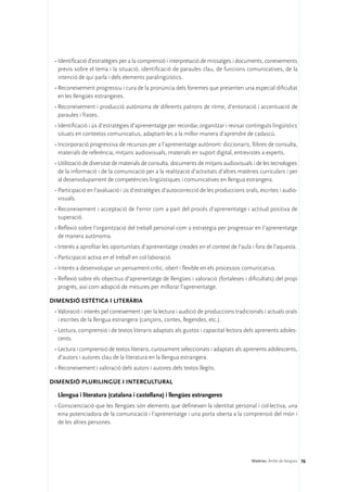•	Identificació d’estratègies per a la comprensió i interpretació de missatges i documents, coneixements
   previs sobre el tema i la situació, identificació de paraules clau, de funcions comunicatives, de la
   intenció de qui parla i dels elements paralingüístics.
 •	Reconeixement progressiu i cura de la pronúncia dels fonemes que presenten una especial dificultat
   en les llengües estrangeres.
 •	Reconeixement i producció autònoma de diferents patrons de ritme, d’entonació i accentuació de
   paraules i frases.
 •	Identificació i ús d’estratègies d’aprenentatge per recordar, organitzar i revisar continguts lingüístics
   situats en contextos comunicatius, adaptant-les a la millor manera d’aprendre de cadascú.
 •	Incorporació progressiva de recursos per a l’aprenentatge autònom: diccionaris, llibres de consulta,
   materials de referència, mitjans audiovisuals, materials en suport digital, entrevistes a experts.
 •	Utilització de diversitat de materials de consulta, documents de mitjans audiovisuals i de les tecnologies
   de la informació i de la comunicació per a la realització d’activitats d’altres matèries curriculars i per
   al desenvolupament de competències lingüístiques i comunicatives en llengua estrangera.
 •	Participació en l’avaluació i ús d’estratègies d’autocorrecció de les produccions orals, escrites i audio-
   visuals.
 •	Reconeixement i acceptació de l’error com a part del procés d’aprenentatge i actitud positiva de
   superació.
 •	Reflexió sobre l’organització del treball personal com a estratègia per progressar en l’aprenentatge
   de manera autònoma.
 •	Interès a aprofitar les oportunitats d’aprenentatge creades en el context de l’aula i fora de l’aquesta.
 •	Participació activa en el treball en col·laboració.
 •	Interès a desenvolupar un pensament crític, obert i flexible en els processos comunicatius.
 •	Reflexió sobre els objectius d’aprenentatge de llengües i valoració (fortaleses i dificultats) del propi
   progrés, així com adopció de mesures per millorar l’aprenentatge.

DIMENSIÓ ESTÈTICA I LITERÀRIA 
 •	Valoració i interès pel coneixement i per la lectura i audició de produccions tradicionals i actuals orals
   i escrites de la llengua estrangera (cançons, contes, llegendes, etc.).
 •	Lectura, comprensió i de textos literaris adaptats als gustos i capacitat lectora dels aprenents adoles-
   cents.
 •	Lectura i comprensió de textos literaris, curosament seleccionats i adaptats als aprenents adolescents,
   d’autors i autores clau de la literatura en la llengua estrangera.
 •	Reconeixement i valoració dels autors i autores dels textos llegits.

DIMENSIÓ PLURILINGÜE I INTERCULTURAL

  Llengua i literatura (catalana i castellana) i llengües estrangeres
 •	Conscienciació que les llengües són elements que defineixen la identitat personal i col·lectiva, una
   eina potenciadora de la comunicació i l’aprenentatge i una porta oberta a la comprensió del món i
   de les altres persones.




                                                                                        Matèries. Àmbit de llengües 76
 