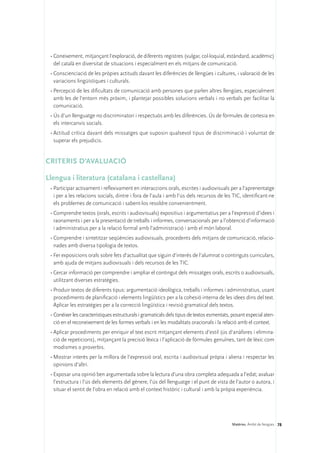 •	Coneixement, mitjançant l’exploració, de diferents registres (vulgar, col·loquial, estàndard, acadèmic)
   del català en diversitat de situacions i especialment en els mitjans de comunicació.
 •	Conscienciació de les pròpies actituds davant les diferències de llengües i cultures, i valoració de les
   variacions lingüístiques i culturals.
 •	Percepció de les dificultats de comunicació amb persones que parlen altres llengües, especialment
   amb les de l’entorn més pròxim, i plantejar possibles solucions verbals i no verbals per facilitar la
   comunicació.
 •	Ús d’un llenguatge no discriminatori i respectuós amb les diferències. Ús de fórmules de cortesia en
   els intercanvis socials.
 •	Actitud crítica davant dels missatges que suposin qualsevol tipus de discriminació i voluntat de
   superar els prejudicis.


CRITERIS D’AVALUACIÓ

Llengua i literatura (catalana i castellana)
 •	Participar activament i reflexivament en interaccions orals, escrites i audiovisuals per a l’aprenentatge
   i per a les relacions socials, dintre i fora de l’aula i amb l’ús dels recursos de les TIC, identificant-ne
   els problemes de comunicació i sabent-los resoldre convenientment.
 •	Comprendre textos (orals, escrits i audiovisuals) expositius i argumentatius per a l’expressió d’idees i
   raonaments i per a la presentació de treballs i informes, conversacionals per a l’obtenció d’informació
   i administratius per a la relació formal amb l’administració i amb el món laboral.
 •	Comprendre i sintetitzar seqüències audiovisuals, procedents dels mitjans de comunicació, relacio-
   nades amb diversa tipologia de textos.
 •	Fer exposicions orals sobre fets d’actualitat que siguin d’interès de l’alumnat o continguts curriculars,
   amb ajuda de mitjans audiovisuals i dels recursos de les TIC.
 •	Cercar informació per comprendre i ampliar el contingut dels missatges orals, escrits o audiovisuals,
   utilitzant diverses estratègies.
 •	Produir textos de diferents tipus: argumentació ideològica, treballs i informes i administratius, usant
   procediments de planificació i elements lingüístics per a la cohesió interna de les idees dins del text.
   Aplicar les estratègies per a la correcció lingüística i revisió gramatical dels textos.
 •	Conèixer les característiques estructurals i gramaticals dels tipus de textos esmentats, posant especial aten-
   ció en el reconeixement de les formes verbals i en les modalitats oracionals i la relació amb el context.
 •	Aplicar procediments per enriquir el text escrit mitjançant elements d’estil (ús d’anàfores i elimina-
   ció de repeticions), mitjançant la precisió lèxica i l’aplicació de fórmules genuïnes, tant de lèxic com
   modismes o proverbis.
 •	Mostrar interès per la millora de l’expressió oral, escrita i audiovisual pròpia i aliena i respectar les
   opinions d’altri.
 •	Exposar una opinió ben argumentada sobre la lectura d’una obra completa adequada a l’edat; avaluar
   l’estructura i l’ús dels elements del gènere, l’ús del llenguatge i el punt de vista de l’autor o autora, i
   situar el sentit de l’obra en relació amb el context històric i cultural i amb la pròpia experiència.




                                                                                           Matèries. Àmbit de llengües 78
 