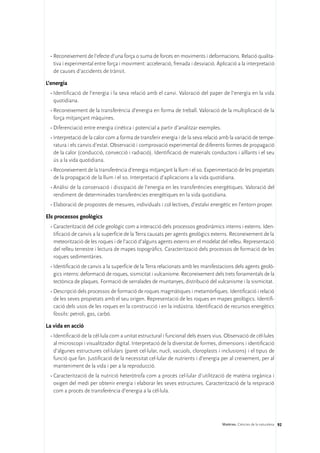 •	Reconeixement de l’efecte d’una força o suma de forces en moviments i deformacions. Relació qualita-
   tiva i experimental entre força i moviment: acceleració, frenada i desviació. Aplicació a la interpretació
   de causes d’accidents de trànsit.

L’energia
 •	Identificació de l’energia i la seva relació amb el canvi. Valoració del paper de l’energia en la vida
   quotidiana.
 •	Reconeixement de la transferència d’energia en forma de treball. Valoració de la multiplicació de la
   força mitjançant màquines.
 •	Diferenciació entre energia cinètica i potencial a partir d’analitzar exemples.
 •	Interpretació de la calor com a forma de transferir energia i de la seva relació amb la variació de tempe-
   ratura i els canvis d’estat. Observació i comprovació experimental de diferents formes de propagació
   de la calor (conducció, convecció i radiació). Identificació de materials conductors i aïllants i el seu
   ús a la vida quotidiana.
 •	Reconeixement de la transferència d’energia mitjançant la llum i el so. Experimentació de les propietats
   de la propagació de la llum i el so. Interpretació d’aplicacions a la vida quotidiana.
 •	Anàlisi de la conservació i dissipació de l’energia en les transferències energètiques. Valoració del
   rendiment de determinades transferències energètiques en la vida quotidiana.
 •	Elaboració de propostes de mesures, individuals i col·lectives, d’estalvi energètic en l’entorn proper.

Els processos geològics
 •	Caracterització del cicle geològic com a interacció dels processos geodinàmics interns i externs. Iden-
   tificació de canvis a la superfície de la Terra causats per agents geològics externs. Reconeixement de la
   meteorització de les roques i de l’acció d’alguns agents externs en el modelat del relleu. Representació
   del relleu terrestre i lectura de mapes topogràfics. Caracterització dels processos de formació de les
   roques sedimentàries.
 •	Identificació de canvis a la superfície de la Terra relacionats amb les manifestacions dels agents geolò-
   gics interns: deformació de roques, sismicitat i vulcanisme. Reconeixement dels trets fonamentals de la
   tectònica de plaques. Formació de serralades de muntanyes, distribució del vulcanisme i la sismicitat.
 •	Descripció dels processos de formació de roques magmàtiques i metamòrfiques. Identificació i relació
   de les seves propietats amb el seu origen. Representació de les roques en mapes geològics. Identifi-
   cació dels usos de les roques en la construcció i en la indústria. Identificació de recursos energètics
   fòssils: petroli, gas, carbó.

La vida en acció
 •	Identificació de la cèl·lula com a unitat estructural i funcional dels éssers vius. Observació de cèl·lules
   al microscopi i visualitzador digital. Interpretació de la diversitat de formes, dimensions i identificació
   d’algunes estructures cel·lulars (paret cel·lular, nucli, vacúols, cloroplasts i inclusions) i el tipus de
   funció que fan. Justificació de la necessitat cel·lular de nutrients i d’energia per al creixement, per al
   manteniment de la vida i per a la reproducció.
 •	Caracterització de la nutrició heteròtrofa com a procés cel·lular d’utilització de matèria orgànica i
   oxigen del medi per obtenir energia i elaborar les seves estructures. Caracterització de la respiració
   com a procés de transferència d’energia a la cèl·lula.




                                                                                     Matèries. Ciències de la naturalesa 92
 