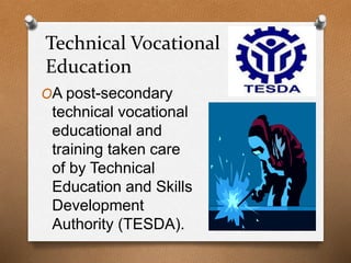 Technical Vocational
Education
OA post-secondary
technical vocational
educational and
training taken care
of by Technical
Education and Skills
Development
Authority (TESDA).
 