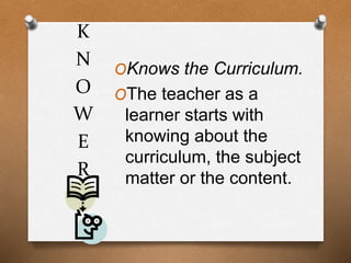 K
N
O
W
E
R
OKnows the Curriculum.
OThe teacher as a
learner starts with
knowing about the
curriculum, the subject
matter or the content.
 