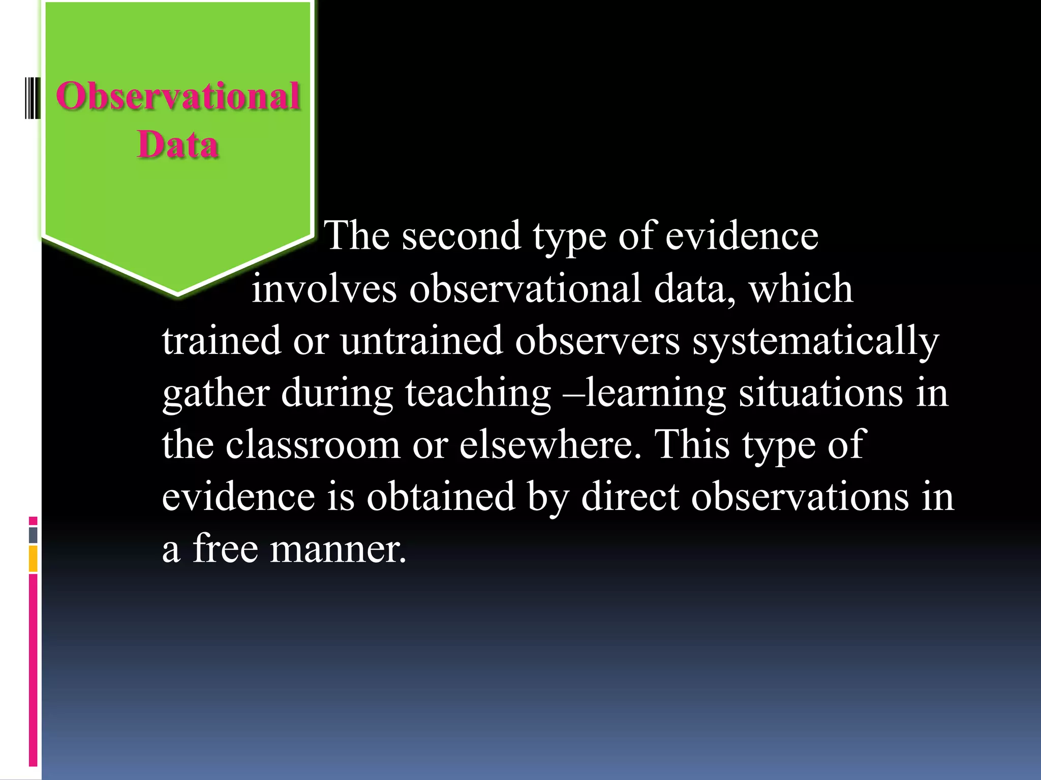 The second type of evidence
involves observational data, which
trained or untrained observers systematically
gather during teaching –learning situations in
the classroom or elsewhere. This type of
evidence is obtained by direct observations in
a free manner.
Observational
Data
 