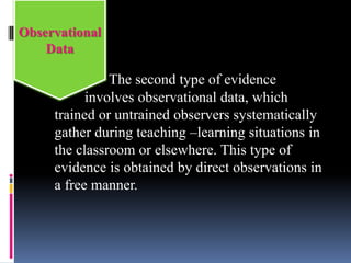 The second type of evidence
involves observational data, which
trained or untrained observers systematically
gather during teaching –learning situations in
the classroom or elsewhere. This type of
evidence is obtained by direct observations in
a free manner.
Observational
Data
 